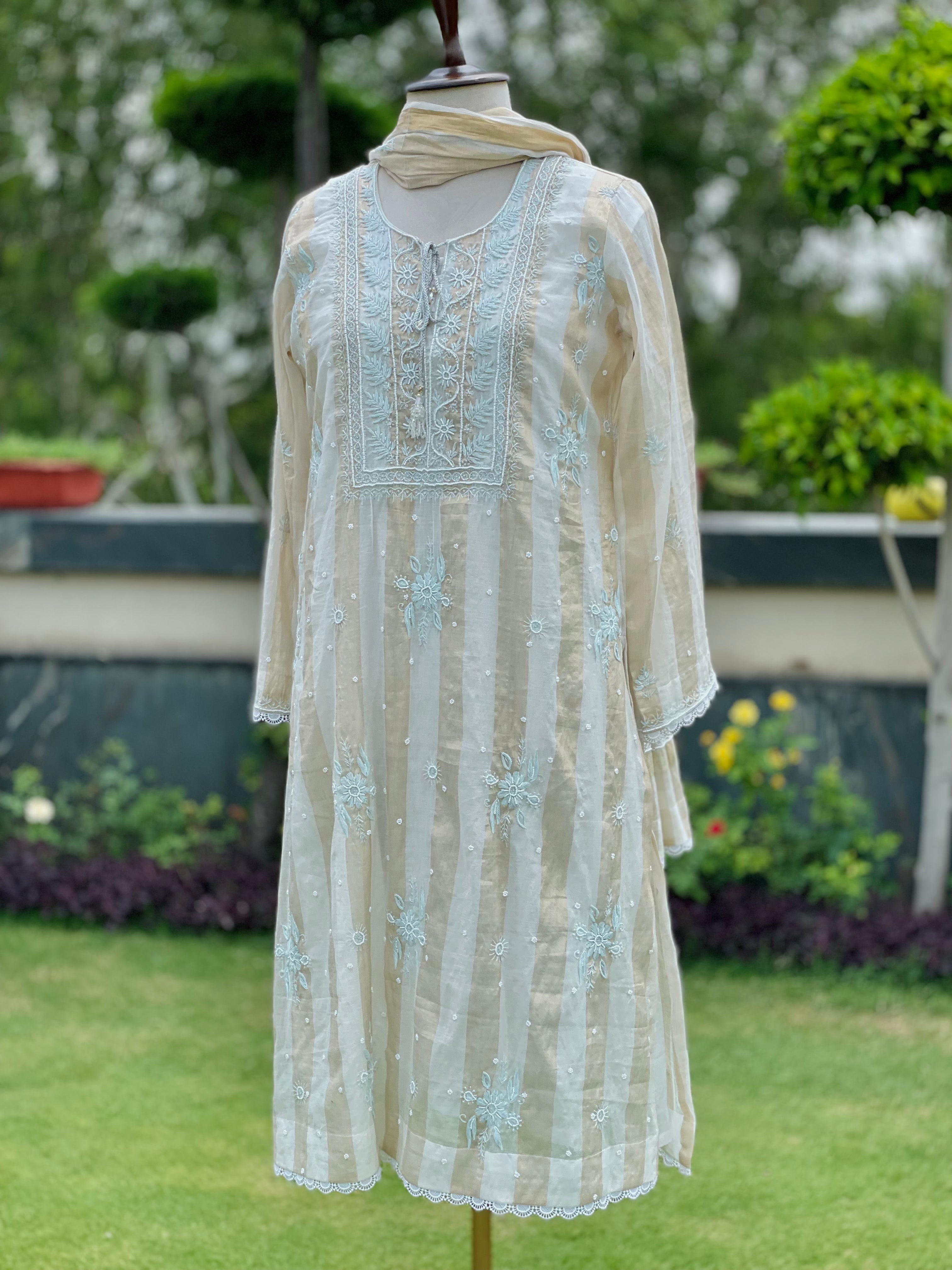 Gold Tissue Chanderi Roohi Kurta Pant Dupatta Set with Moti Cutdana