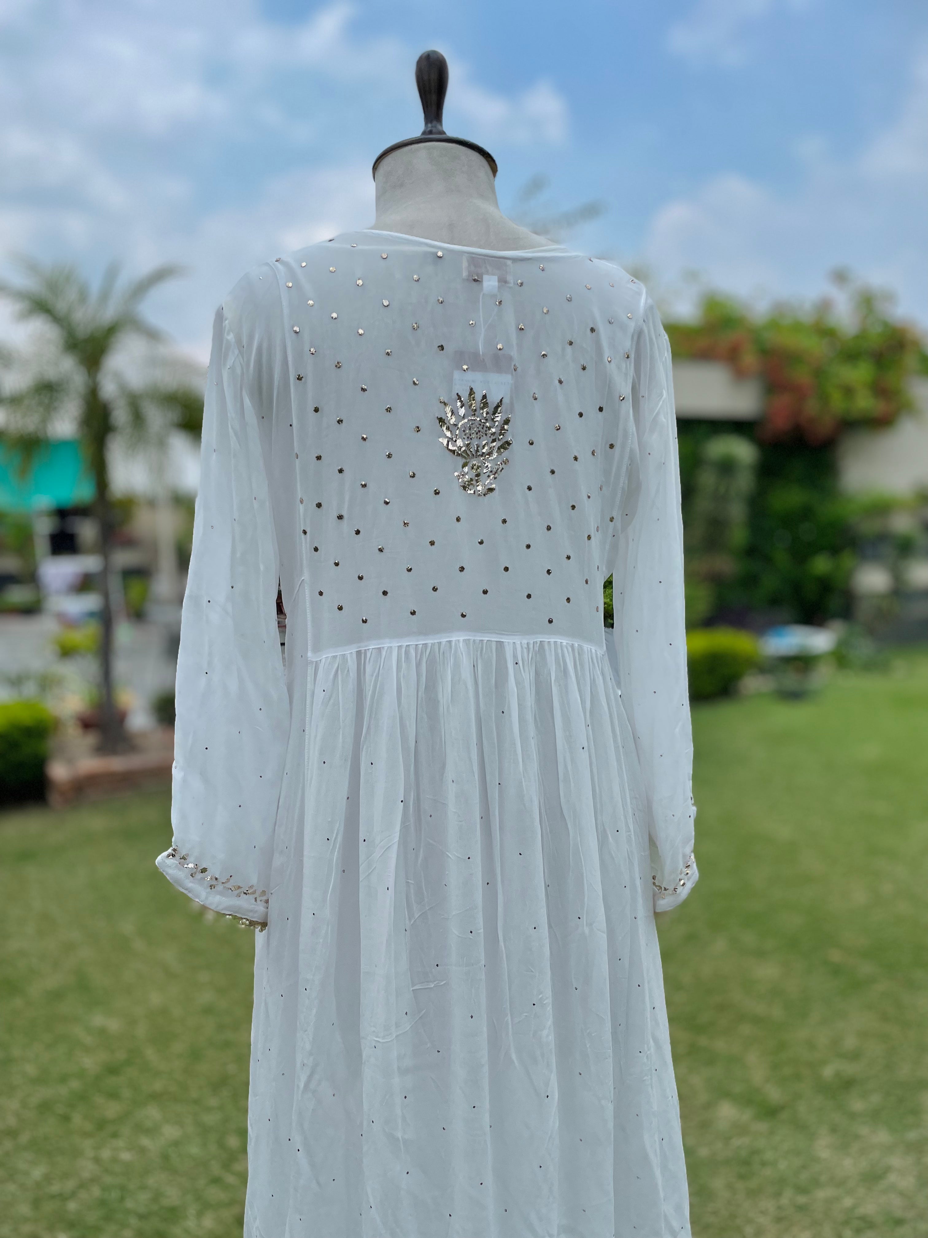 White & Gold Haya Kurta Dupatta Pant Set in Georgette with Golden Pitta