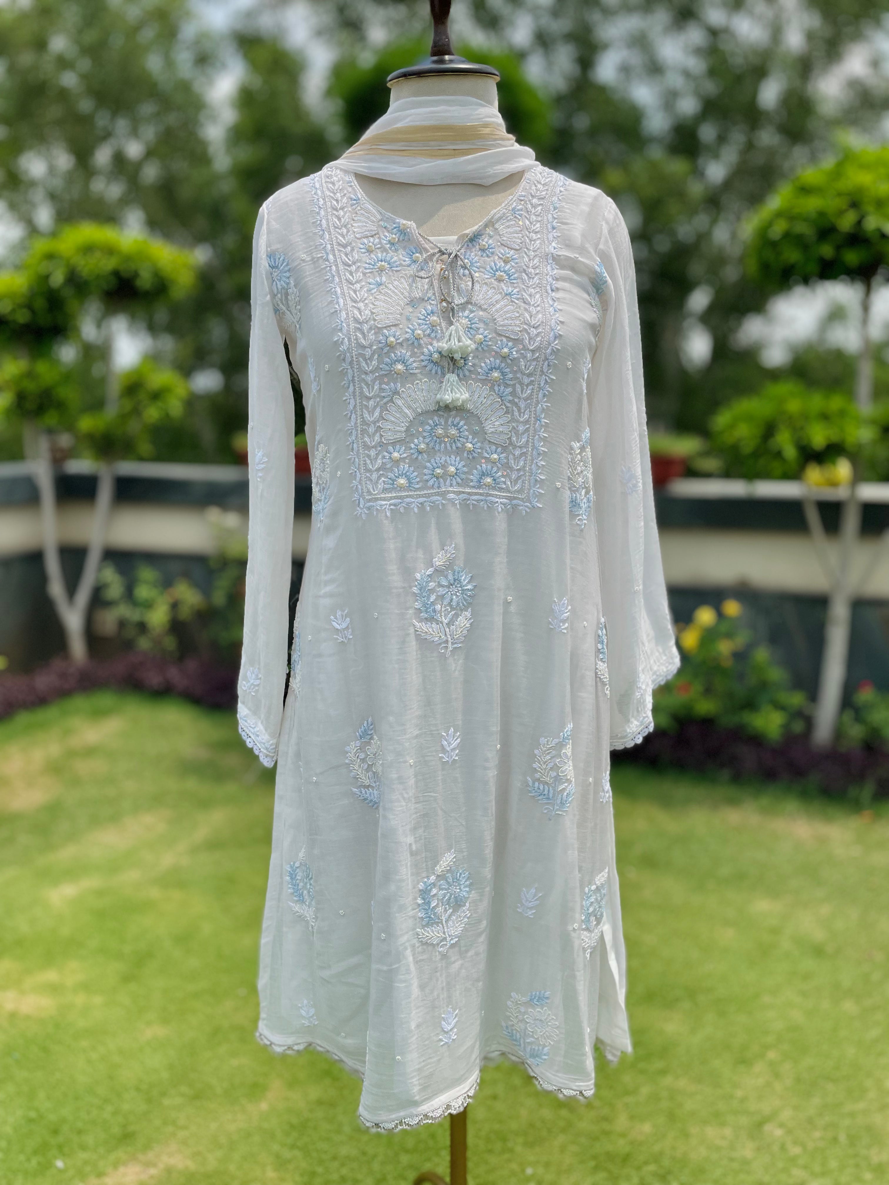 Ivory/Blue Chanderi Gulnoor Kurta Pant Dupatta Set with Moti Cutdana