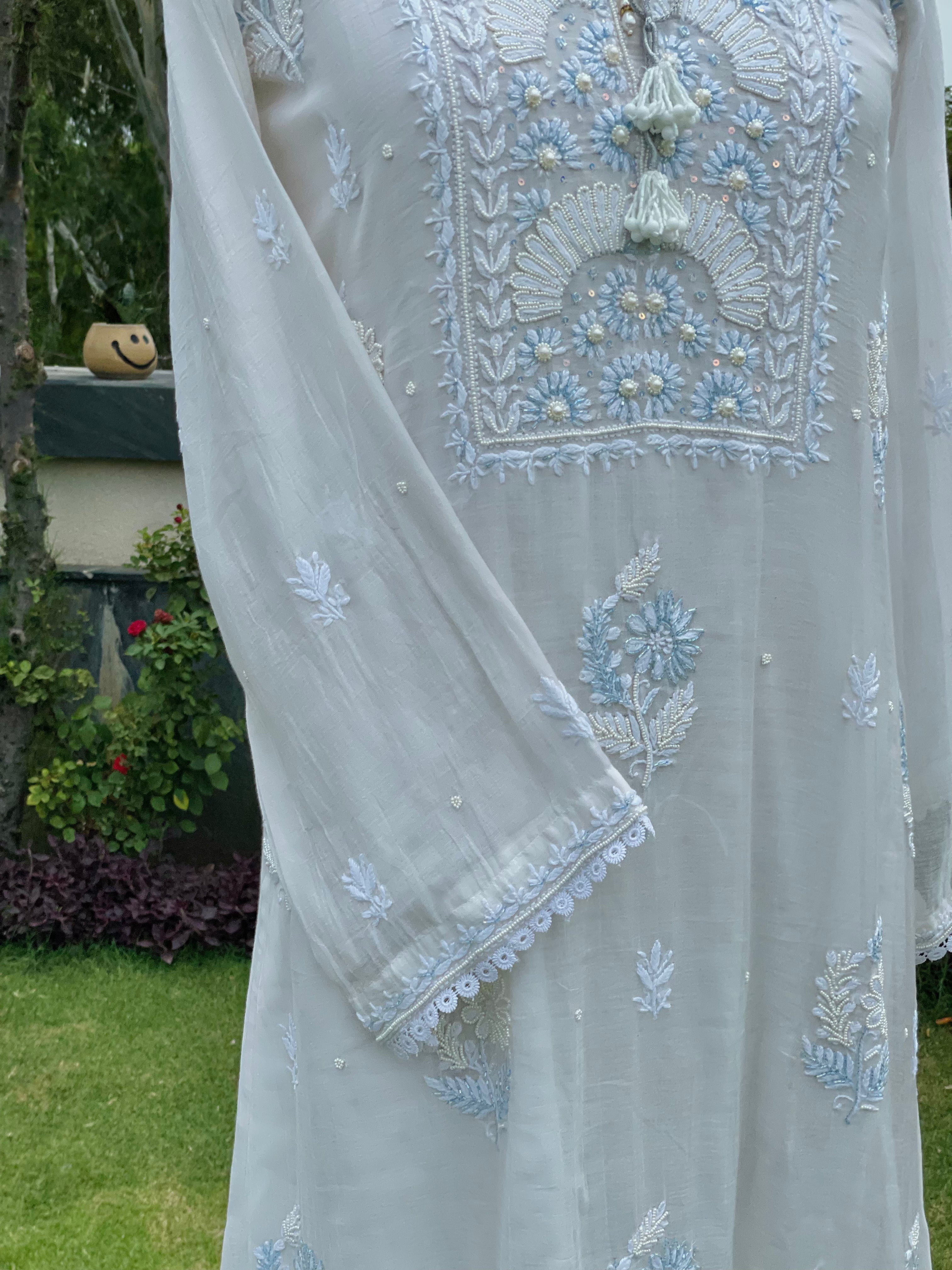 Ivory/Blue Chanderi Gulnoor Kurta Pant Dupatta Set with Moti Cutdana