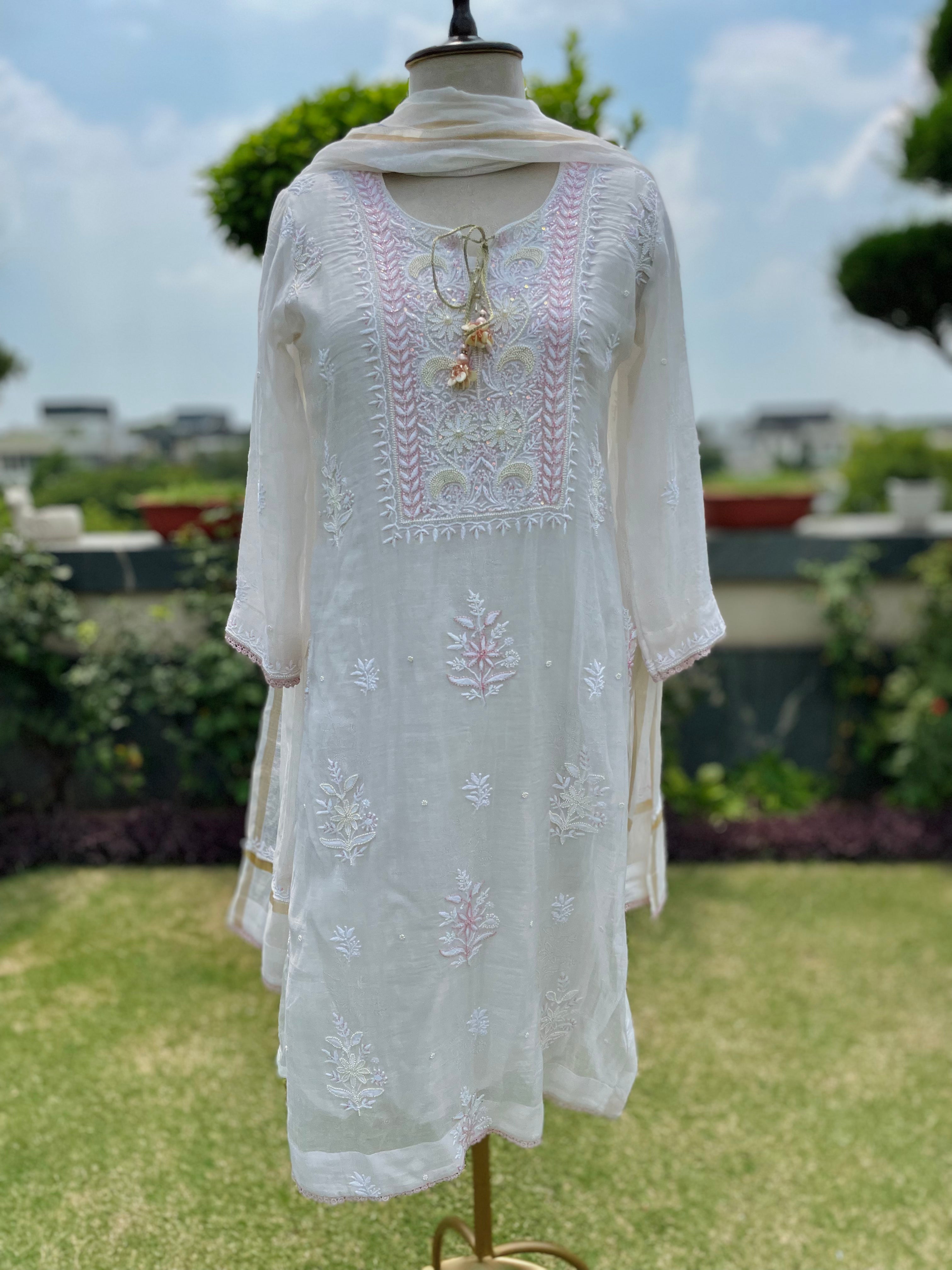 Ivory/Pink Chanderi Gulnoor Kurta Pant Dupatta Set with Moti Cutdana