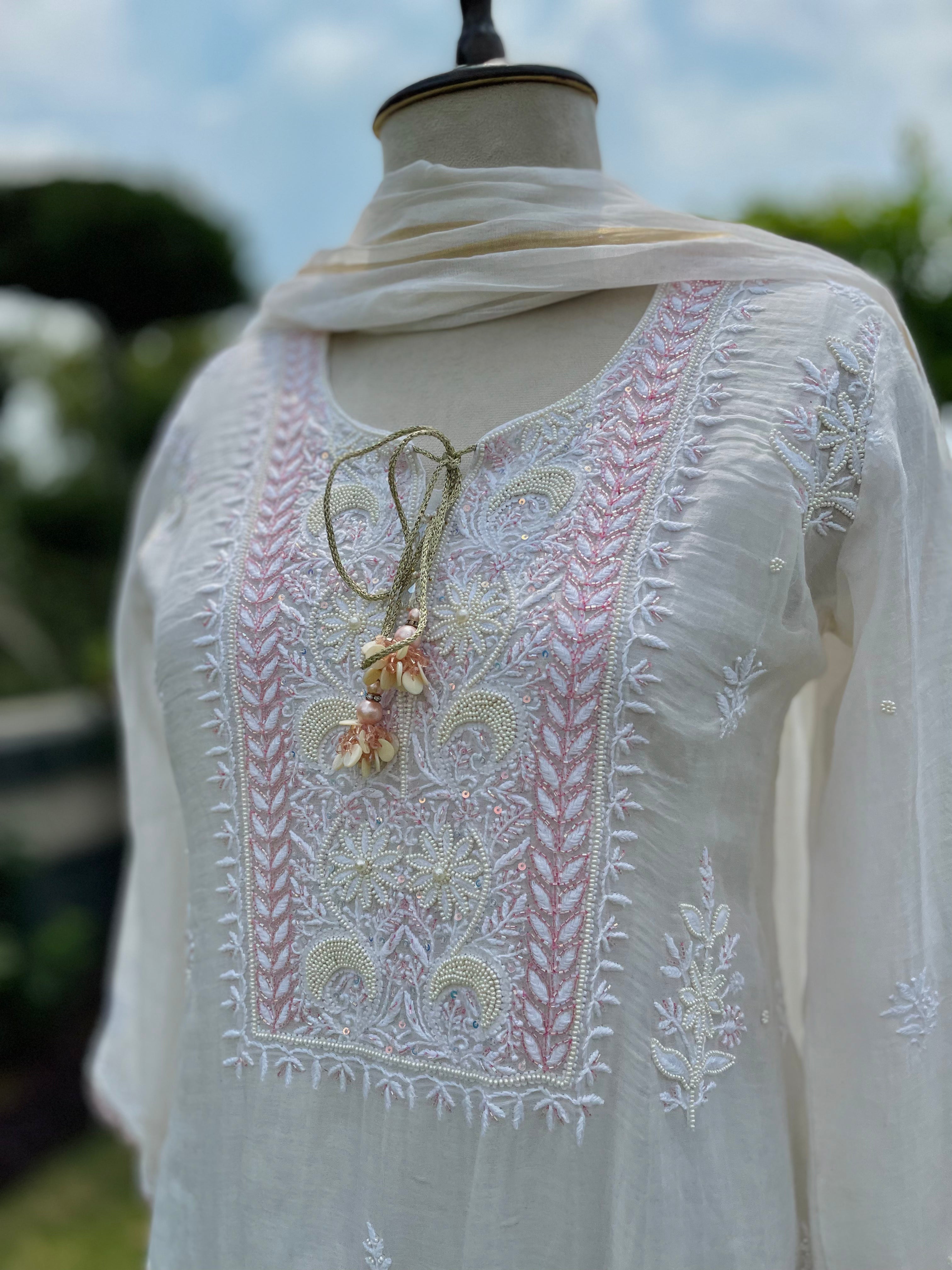 Ivory/Pink Chanderi Gulnoor Kurta Pant Dupatta Set with Moti Cutdana