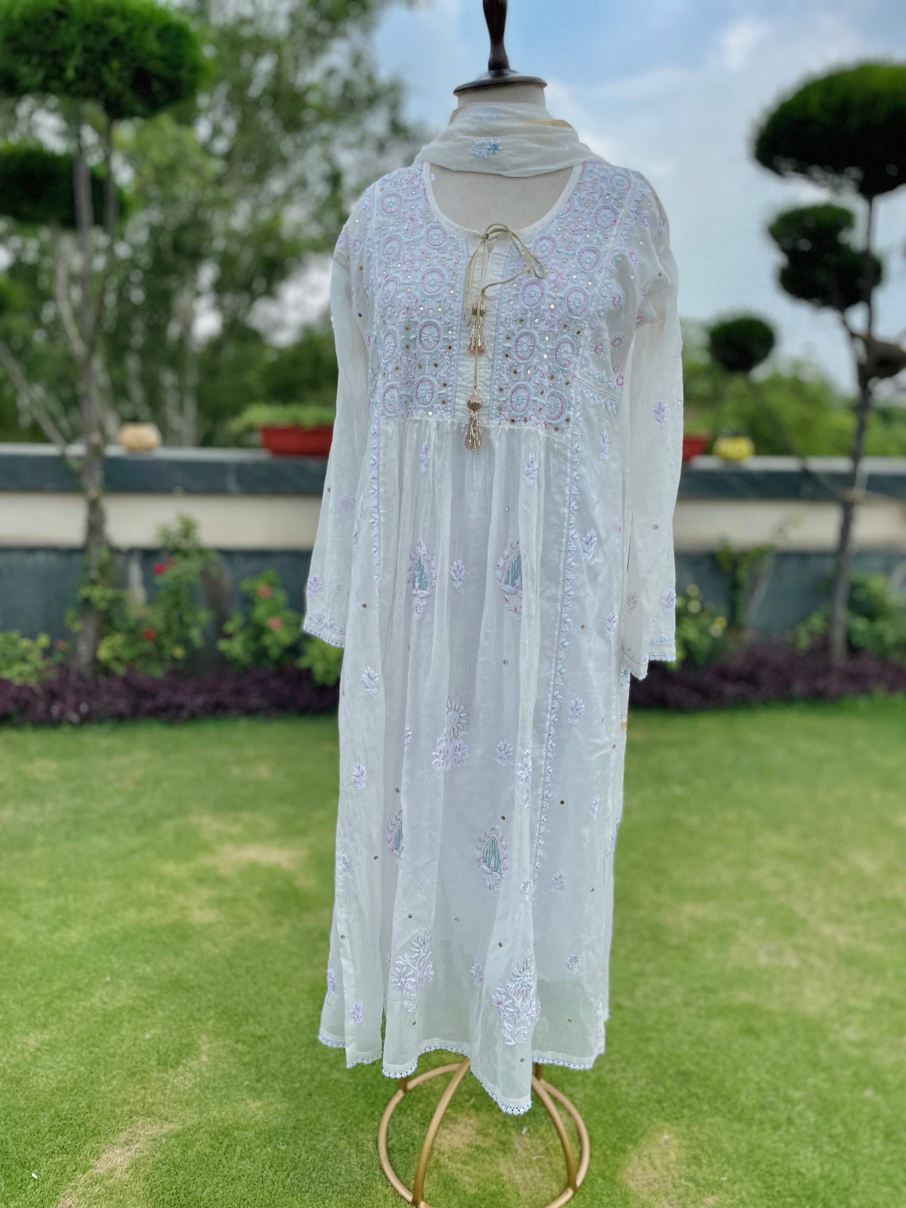 Ivory / Pink & Blue Mul Chanderi Kurta Pant Dupatta Set with Moti Cutdana