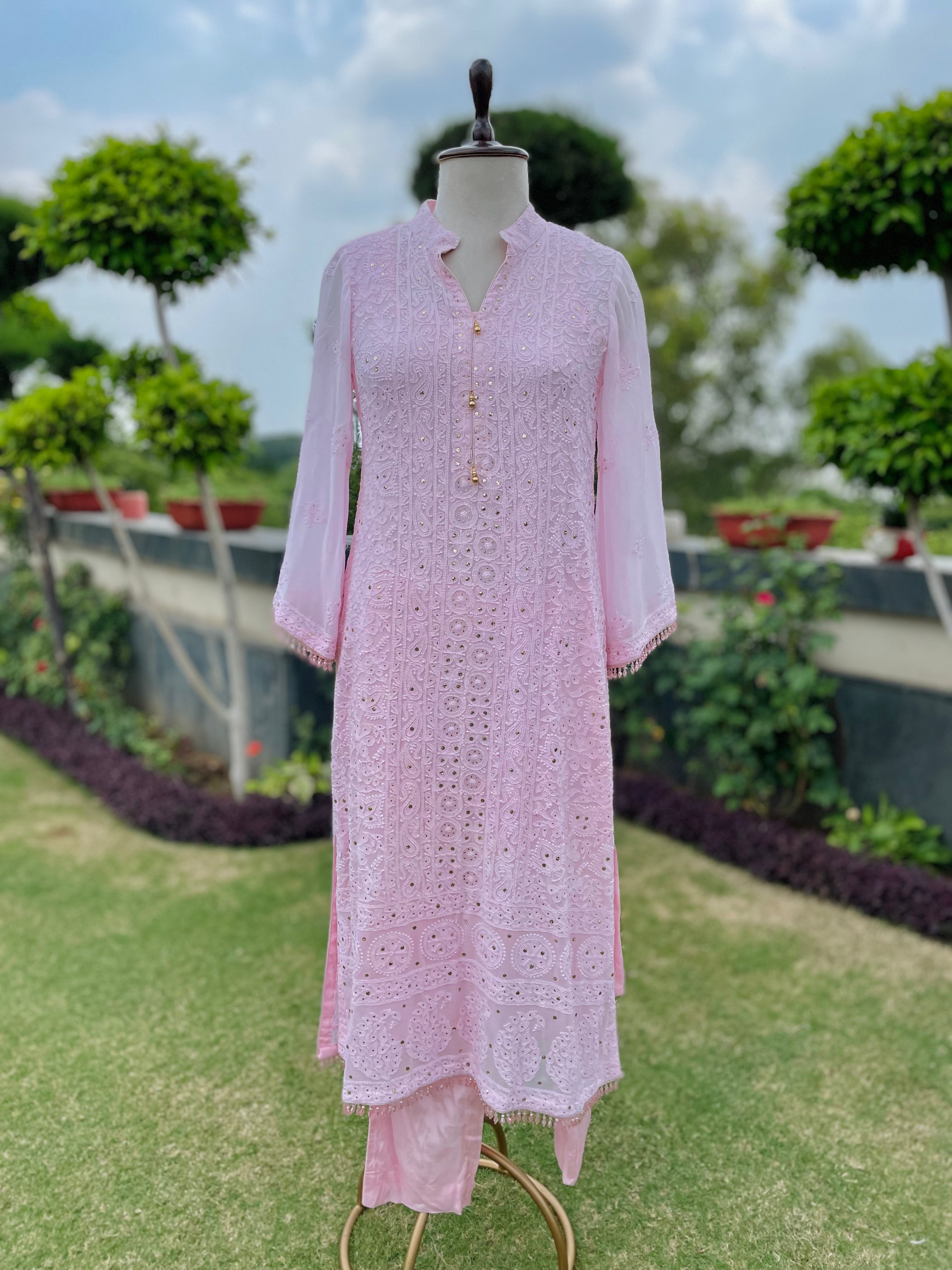 Pink Georgette Ishara Kurta Pant Set with Mukaish