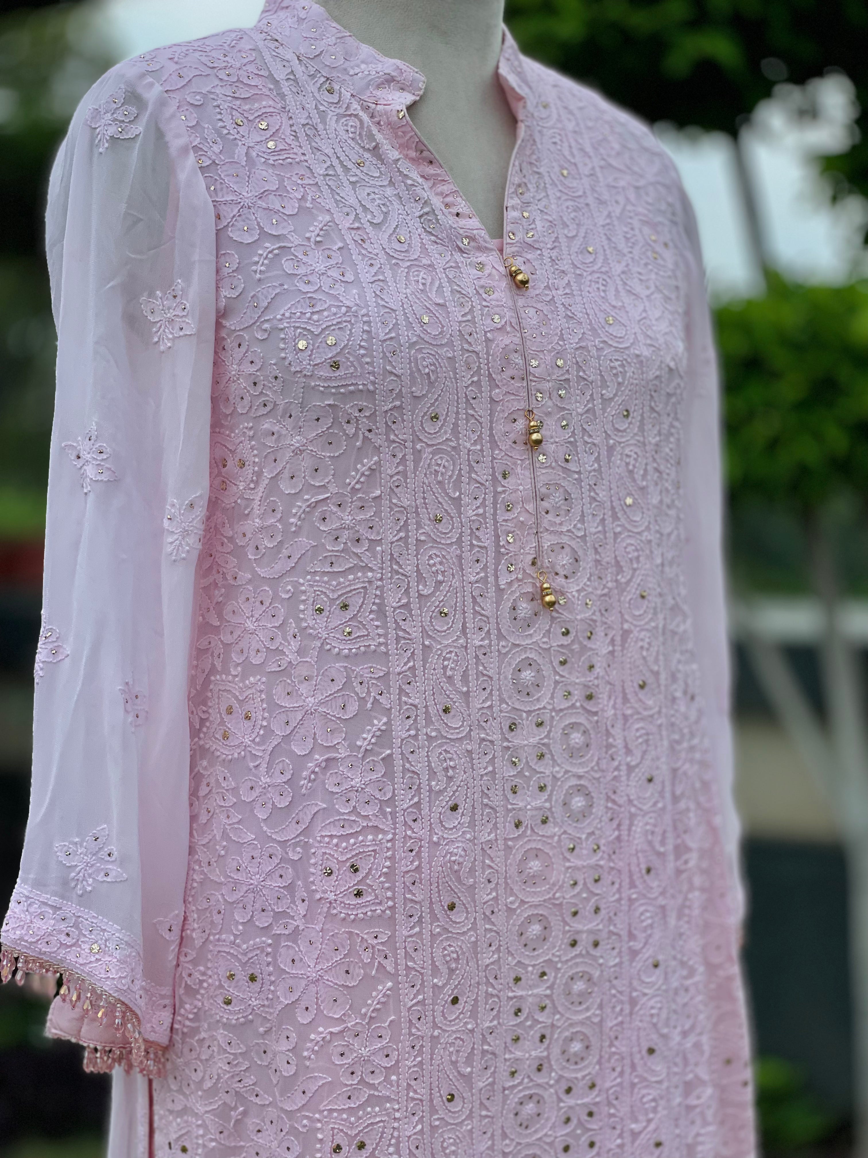 Pink Georgette Ishara Kurta Pant Set with Mukaish