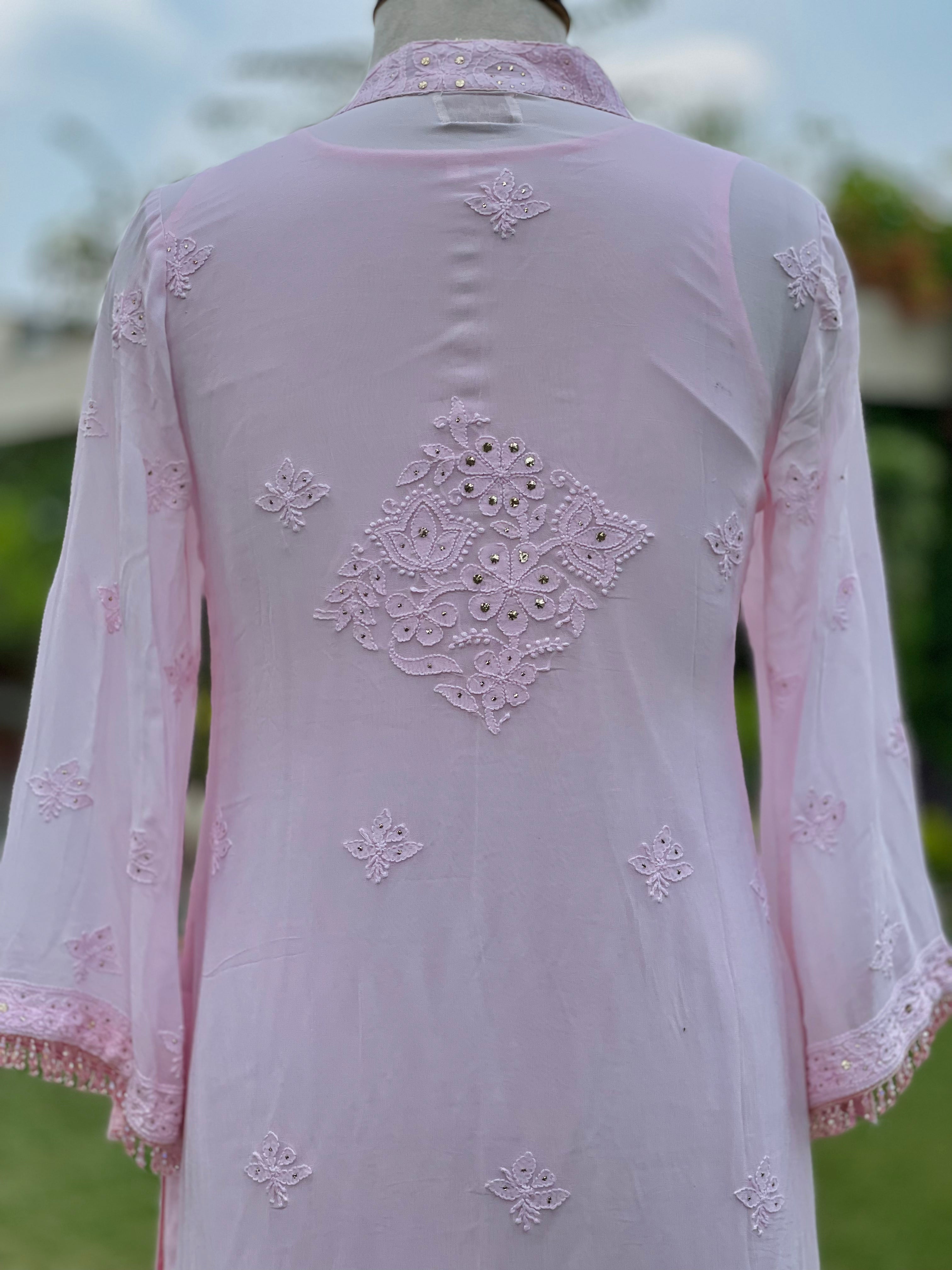 Pink Georgette Ishara Kurta Pant Set with Mukaish