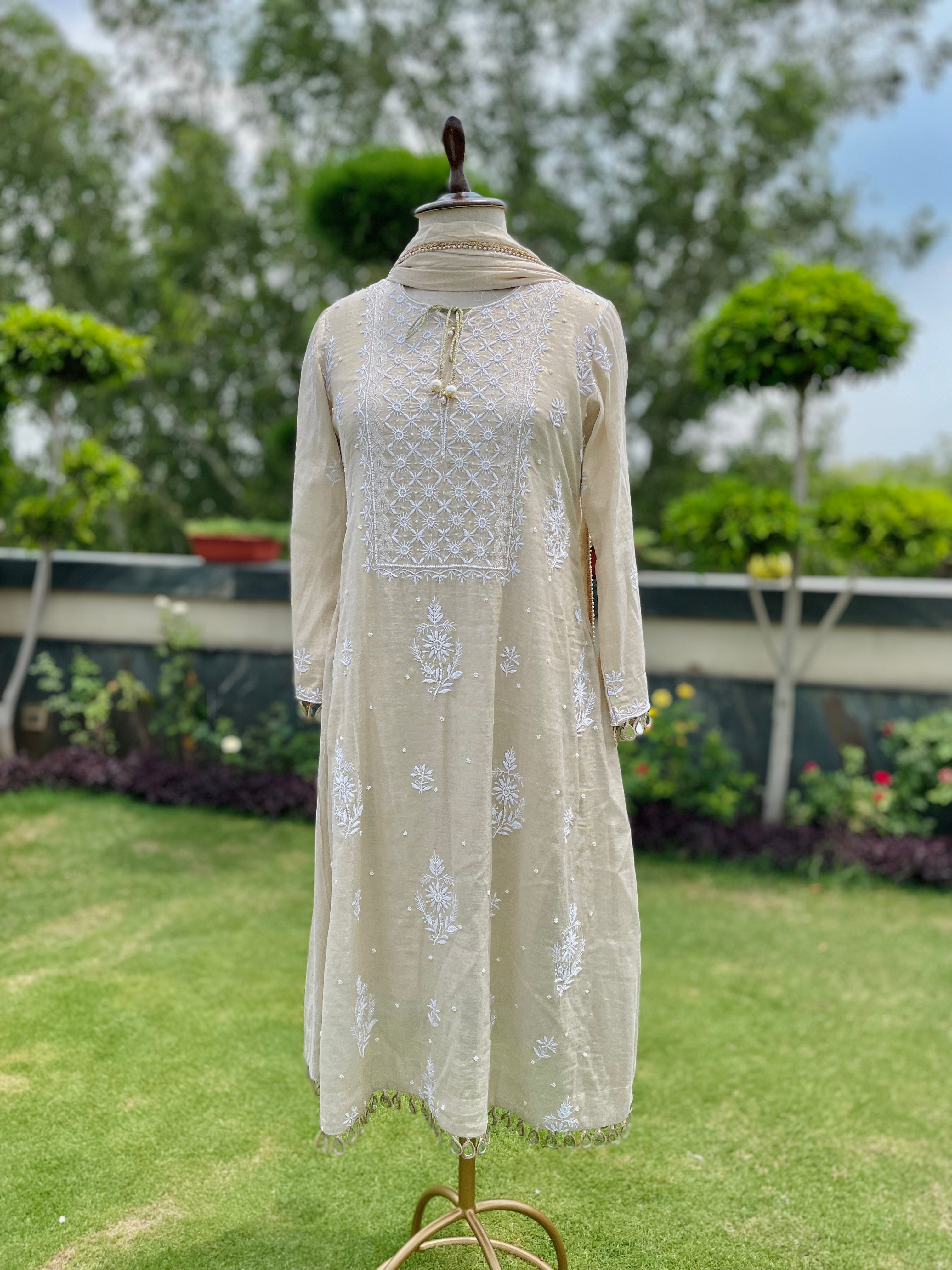 Gold Tissue Chanderi Ziya Kurta Pant Dupatta Set with Moti Cutdana  & Mirror Trims