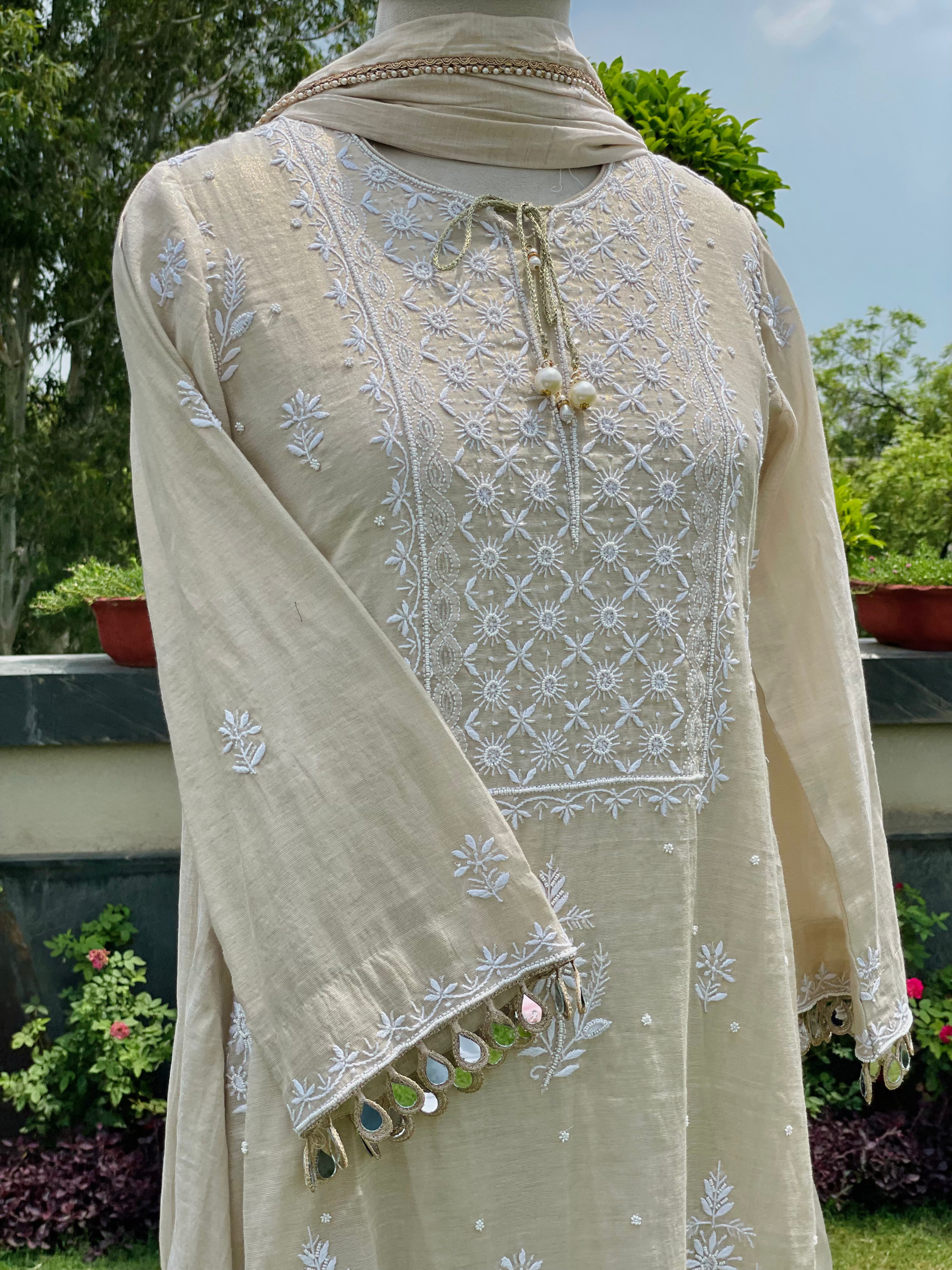 Gold Tissue Chanderi Ziya Kurta Pant Dupatta Set with Moti Cutdana  & Mirror Trims