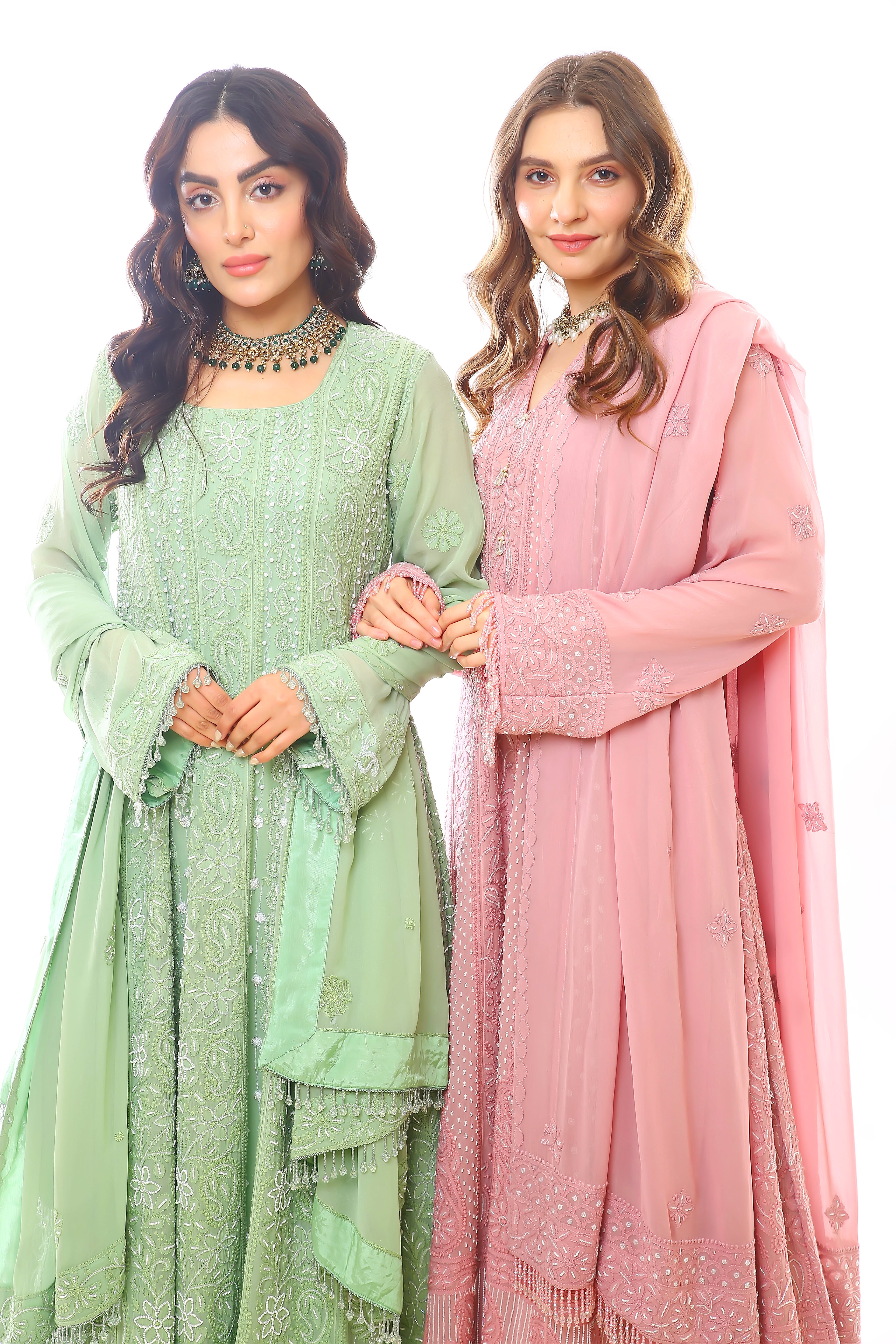 Rose Georgette Chikankari Heer Anarkali, Pant & Dupatta with Moti Cutdana