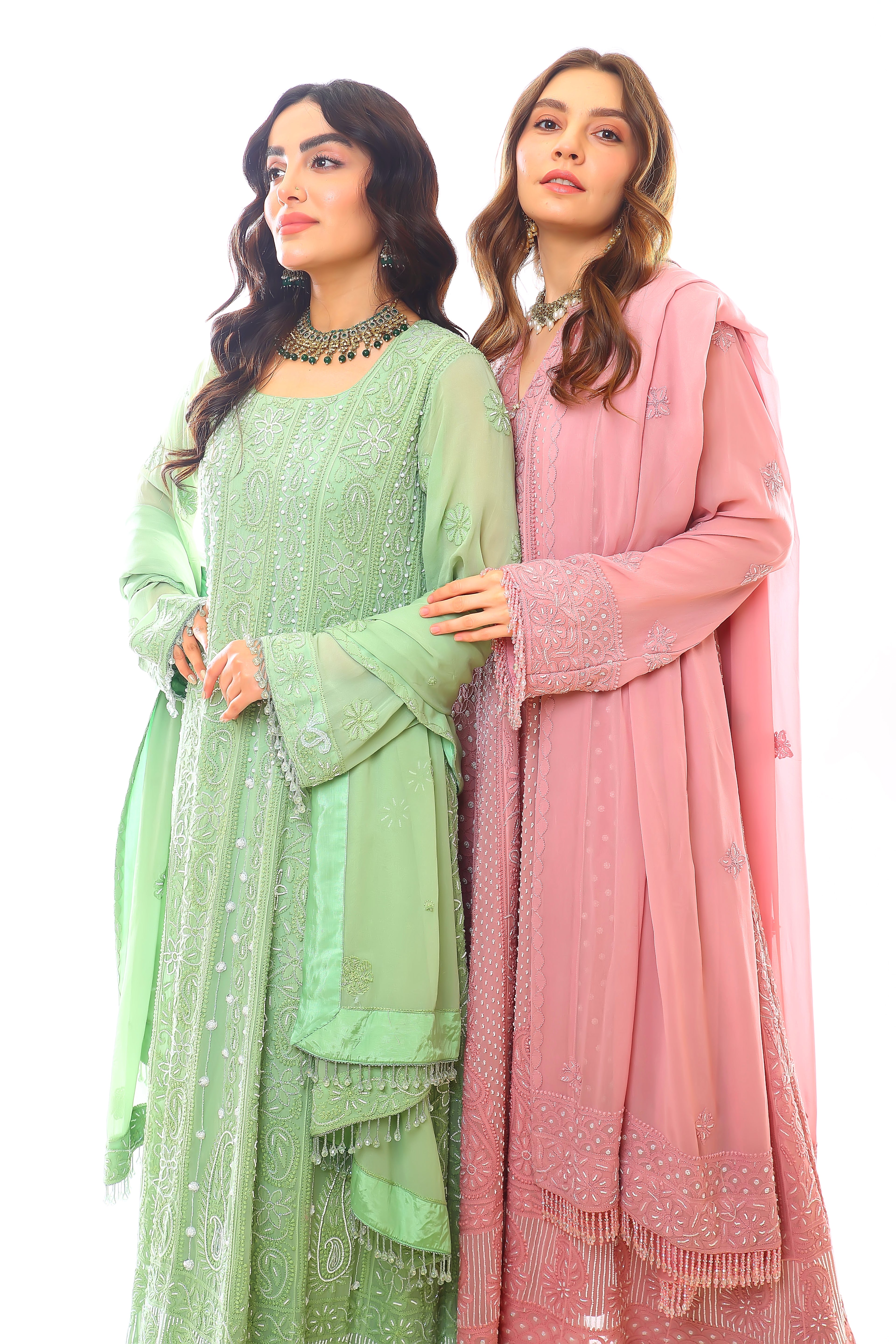 Rose Georgette Chikankari Heer Anarkali, Pant & Dupatta with Moti Cutdana
