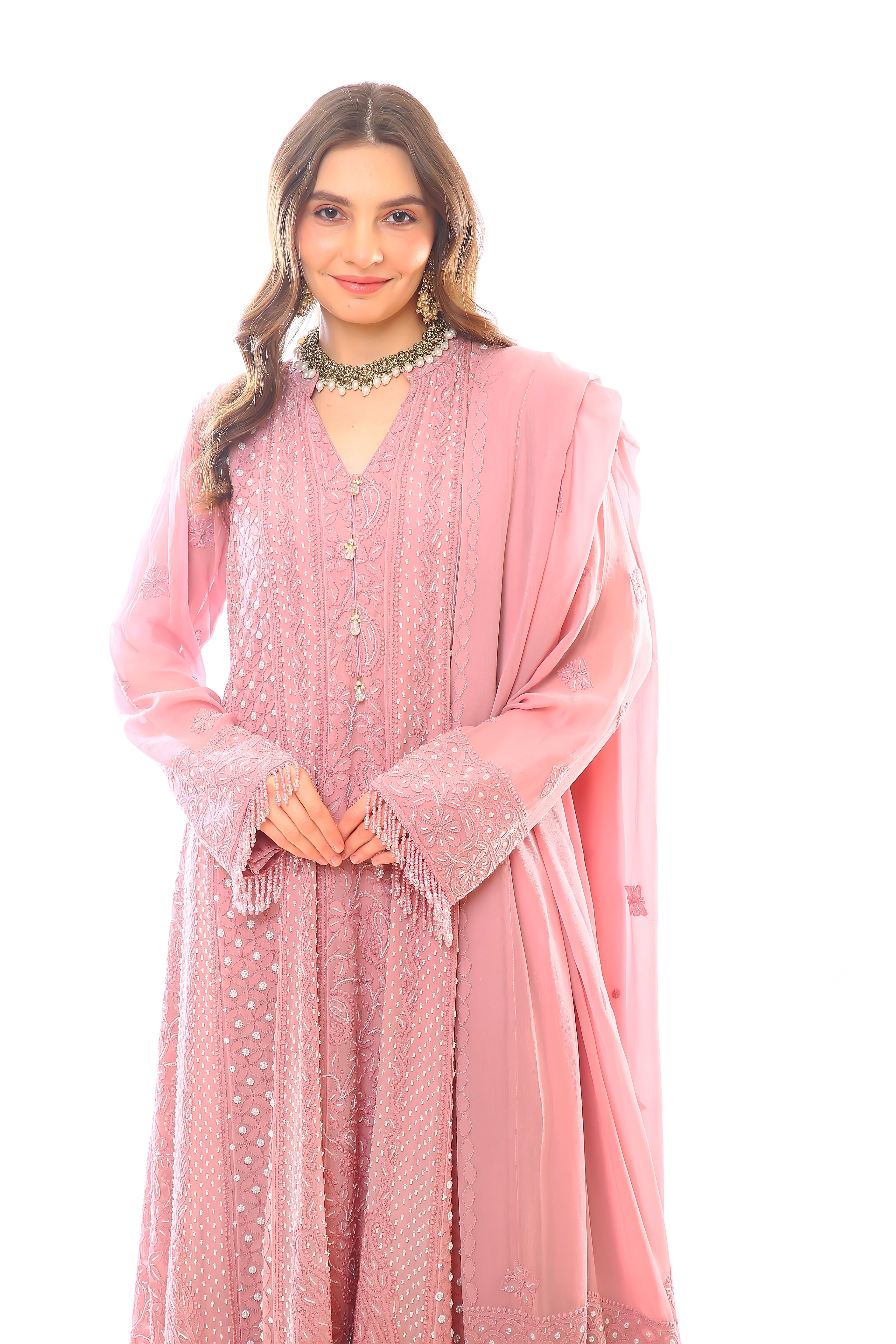 Rose Georgette Chikankari Heer Anarkali, Pant & Dupatta with Moti Cutdana