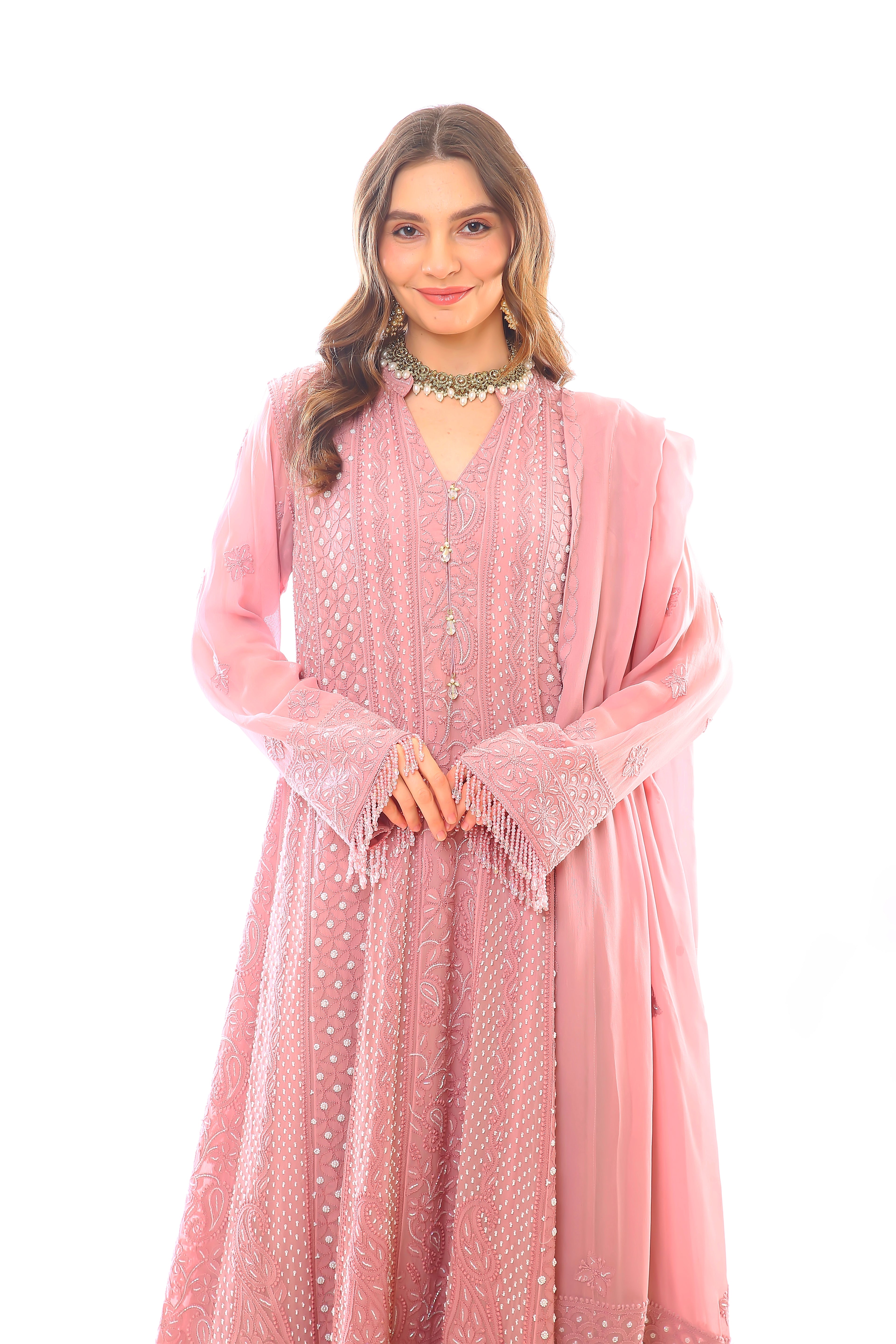 Rose Georgette Chikankari Heer Anarkali, Pant & Dupatta with Moti Cutdana