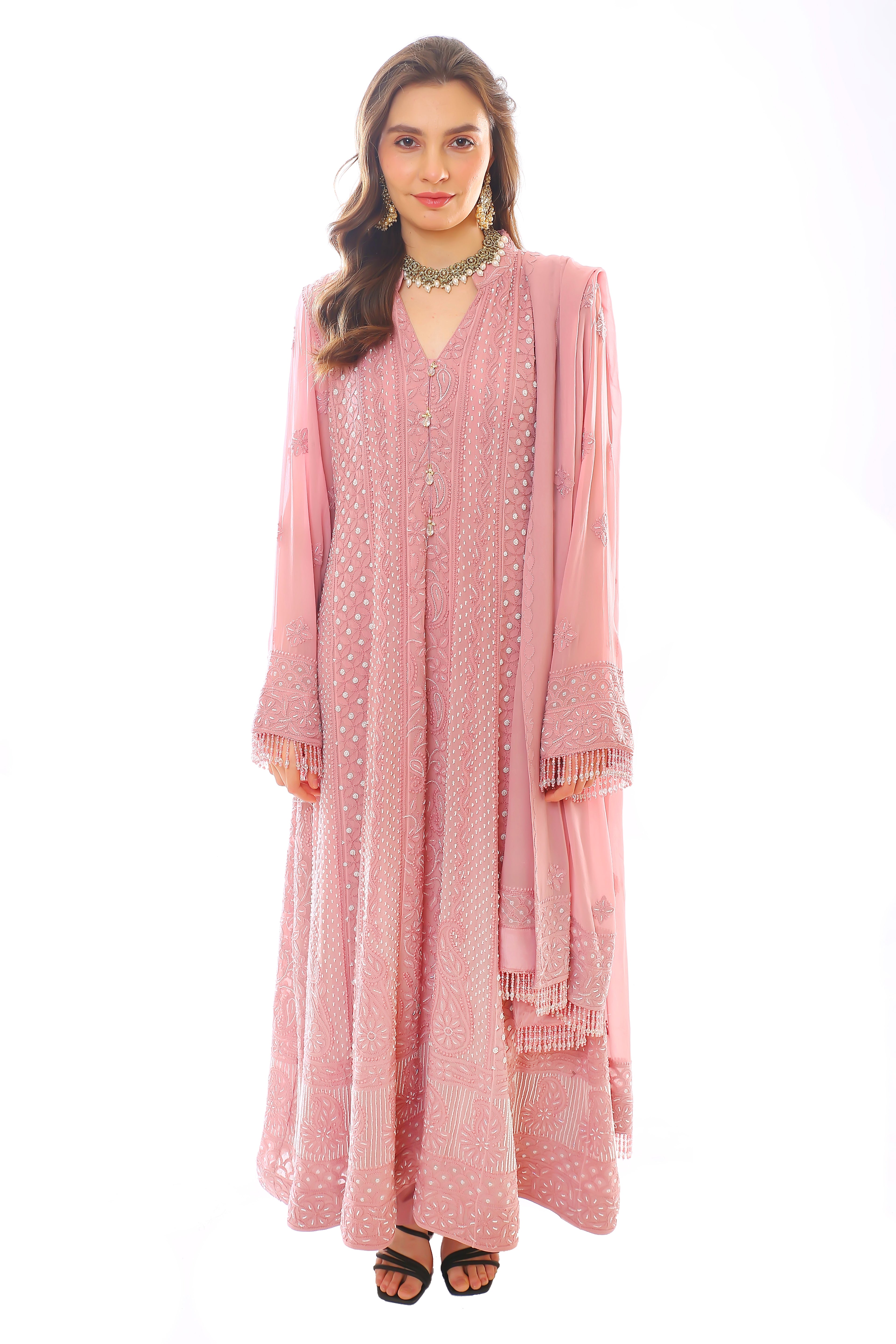 Rose Georgette Chikankari Heer Anarkali, Pant & Dupatta with Moti Cutdana