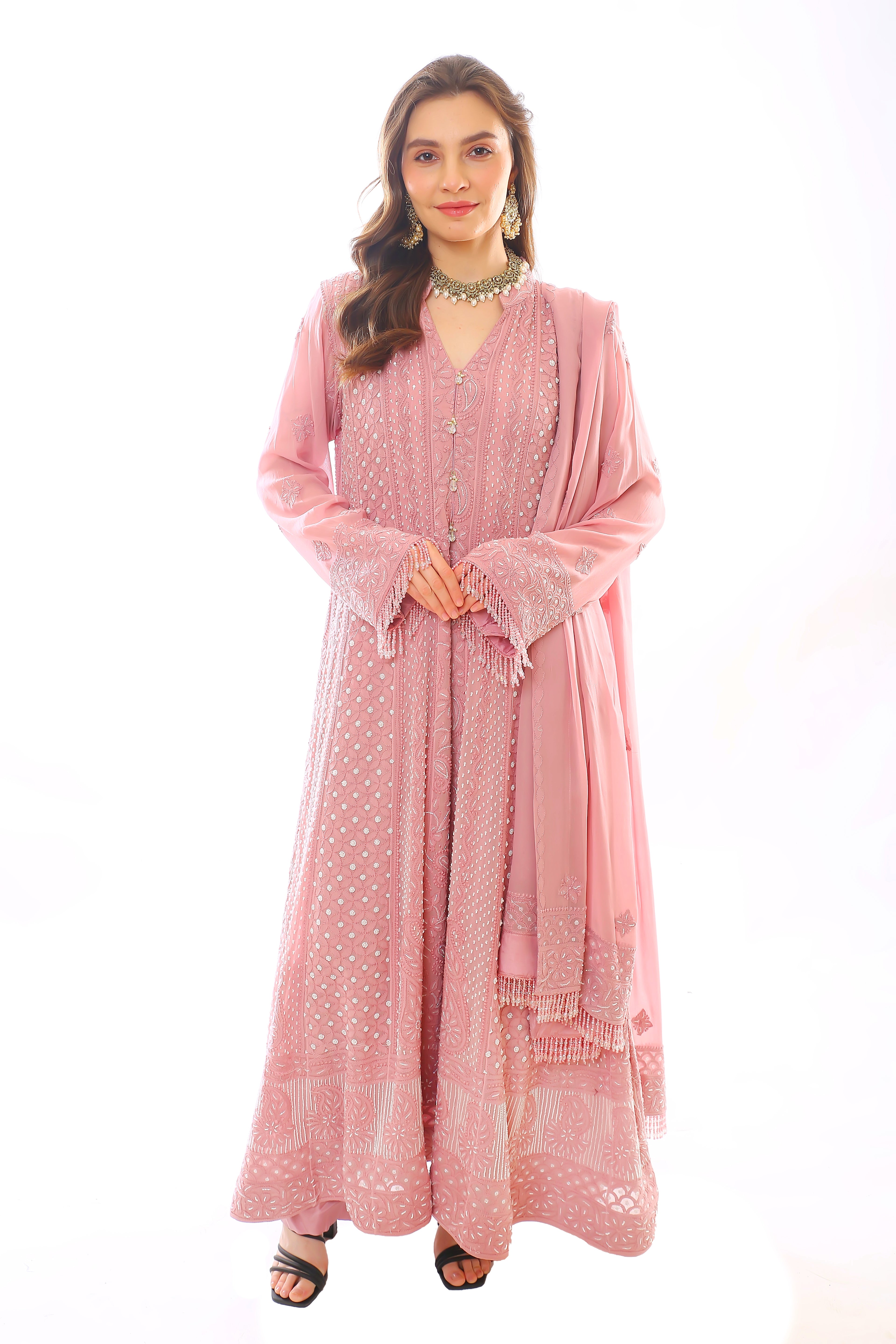 Rose Georgette Chikankari Heer Anarkali, Pant & Dupatta with Moti Cutdana