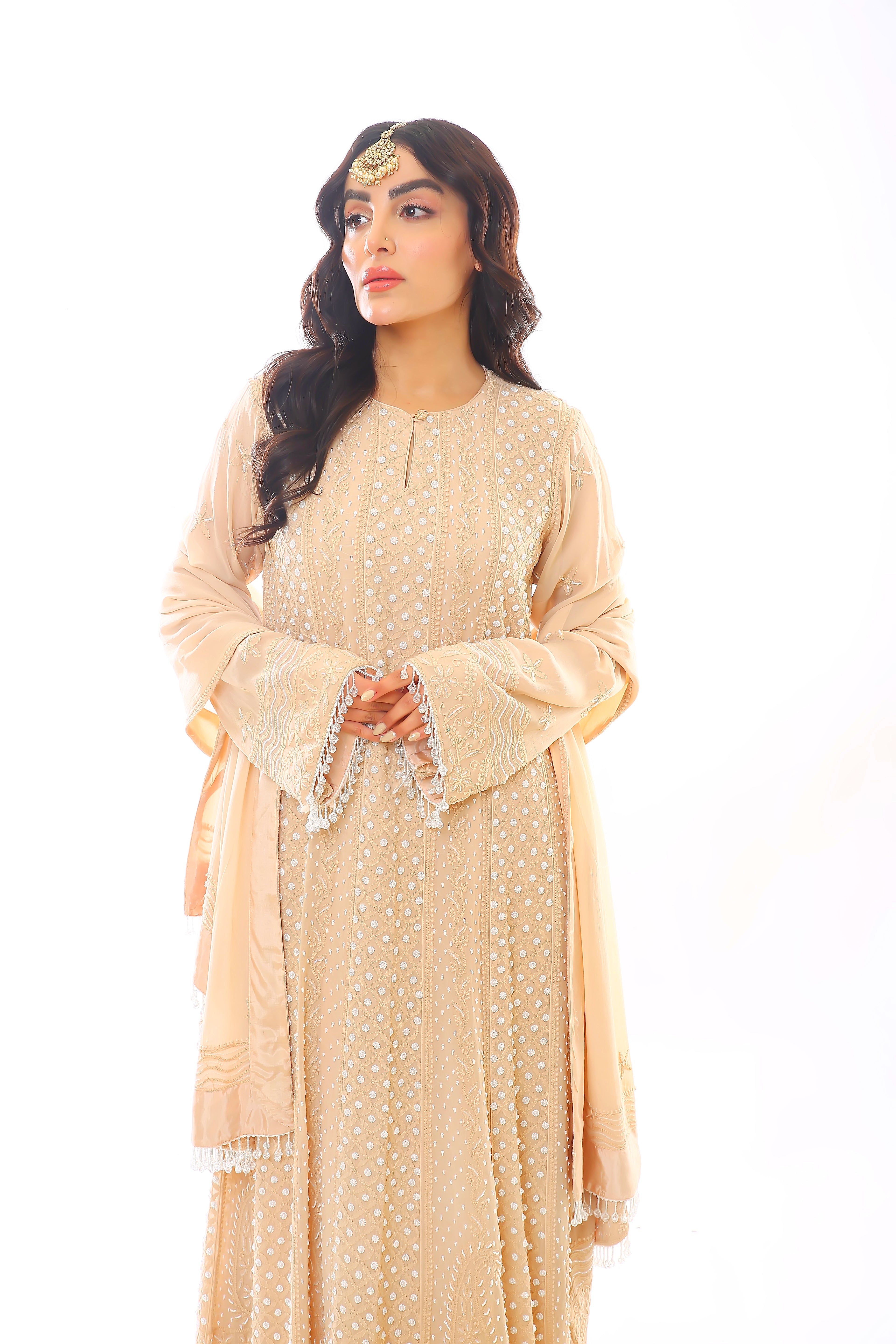 Beige Georgette Chikankari Heer Anarkali, Pant & Dupatta with Moti Cutdana
