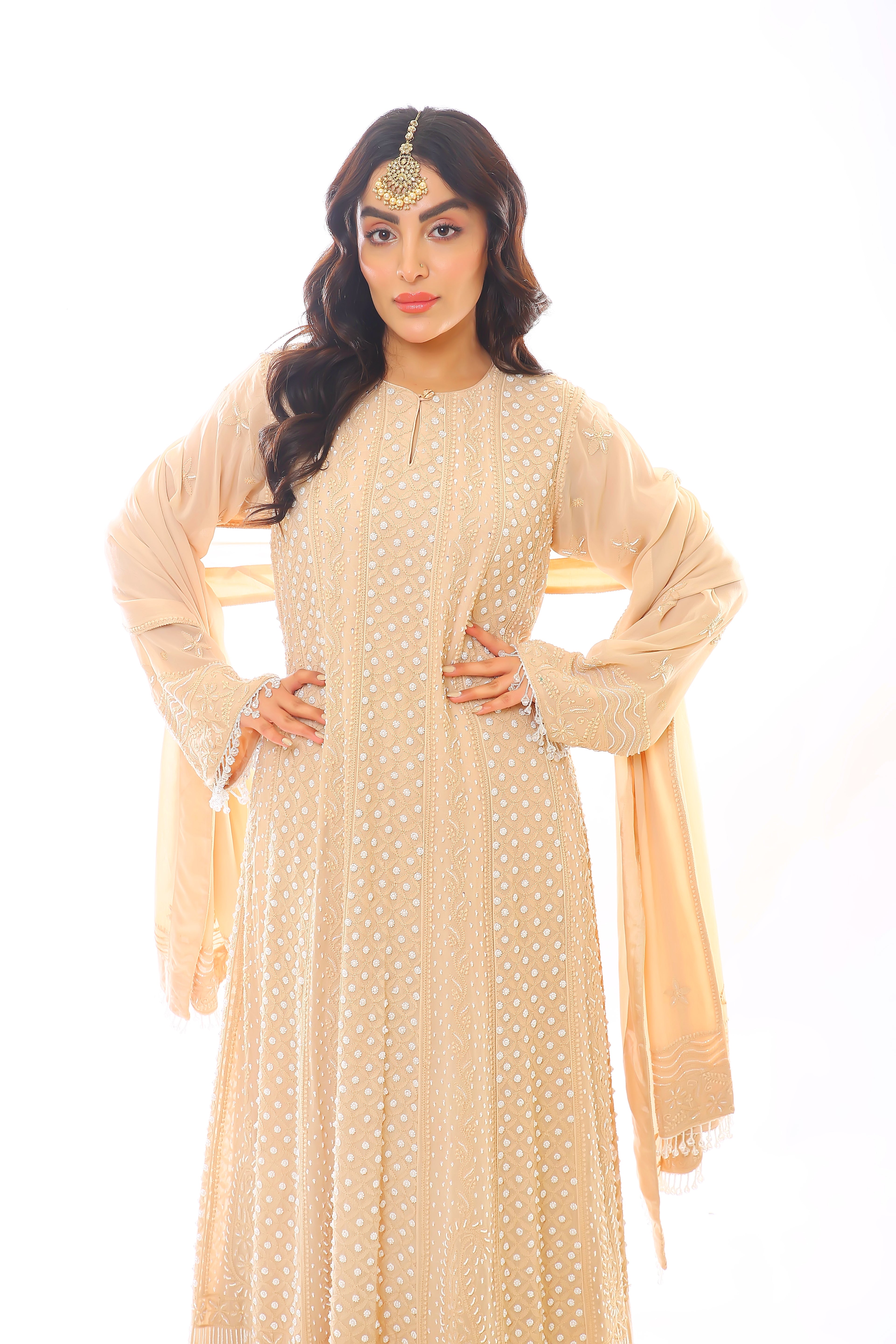 Beige Georgette Chikankari Heer Anarkali, Pant & Dupatta with Moti Cutdana