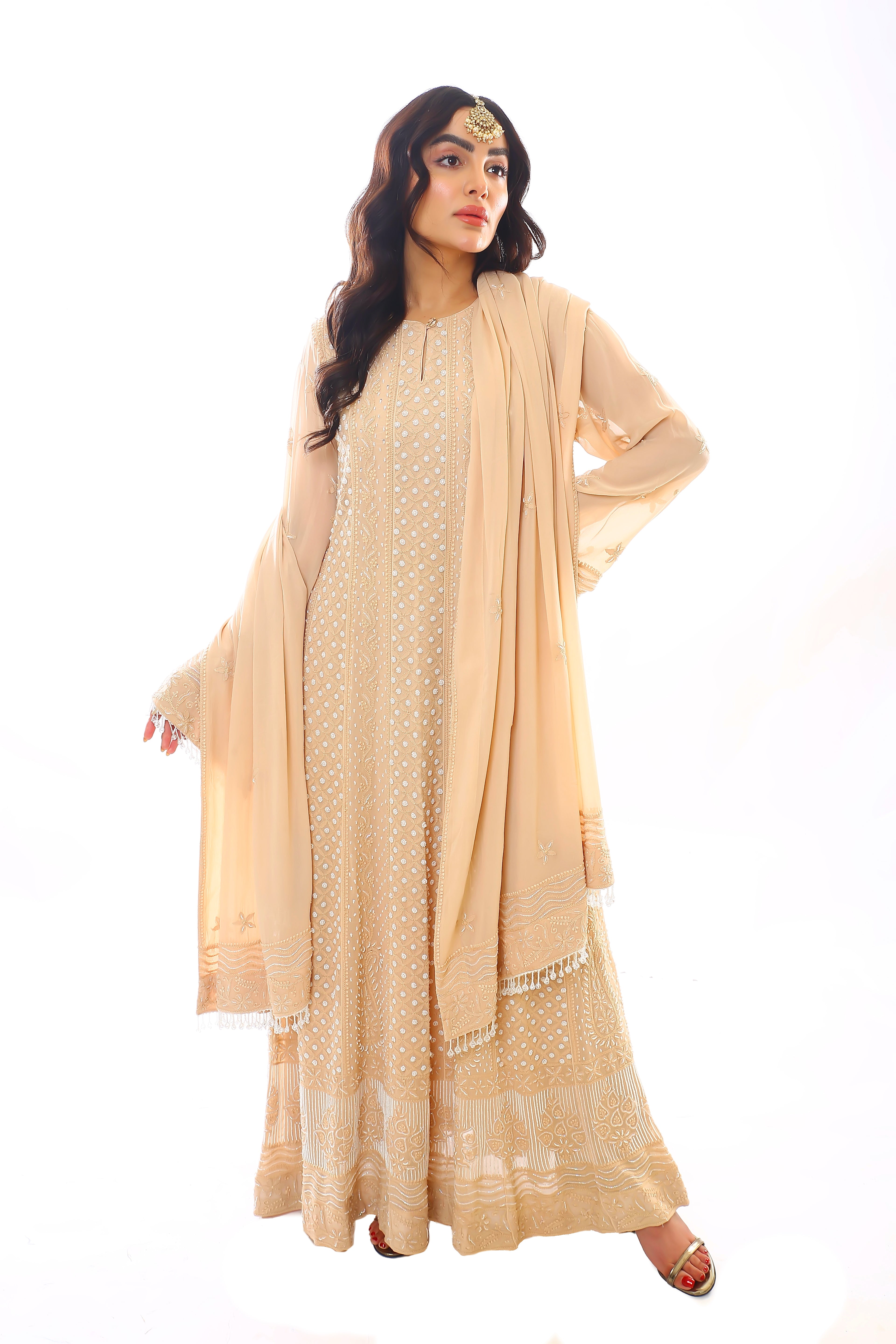 Beige Georgette Chikankari Heer Anarkali, Pant & Dupatta with Moti Cutdana