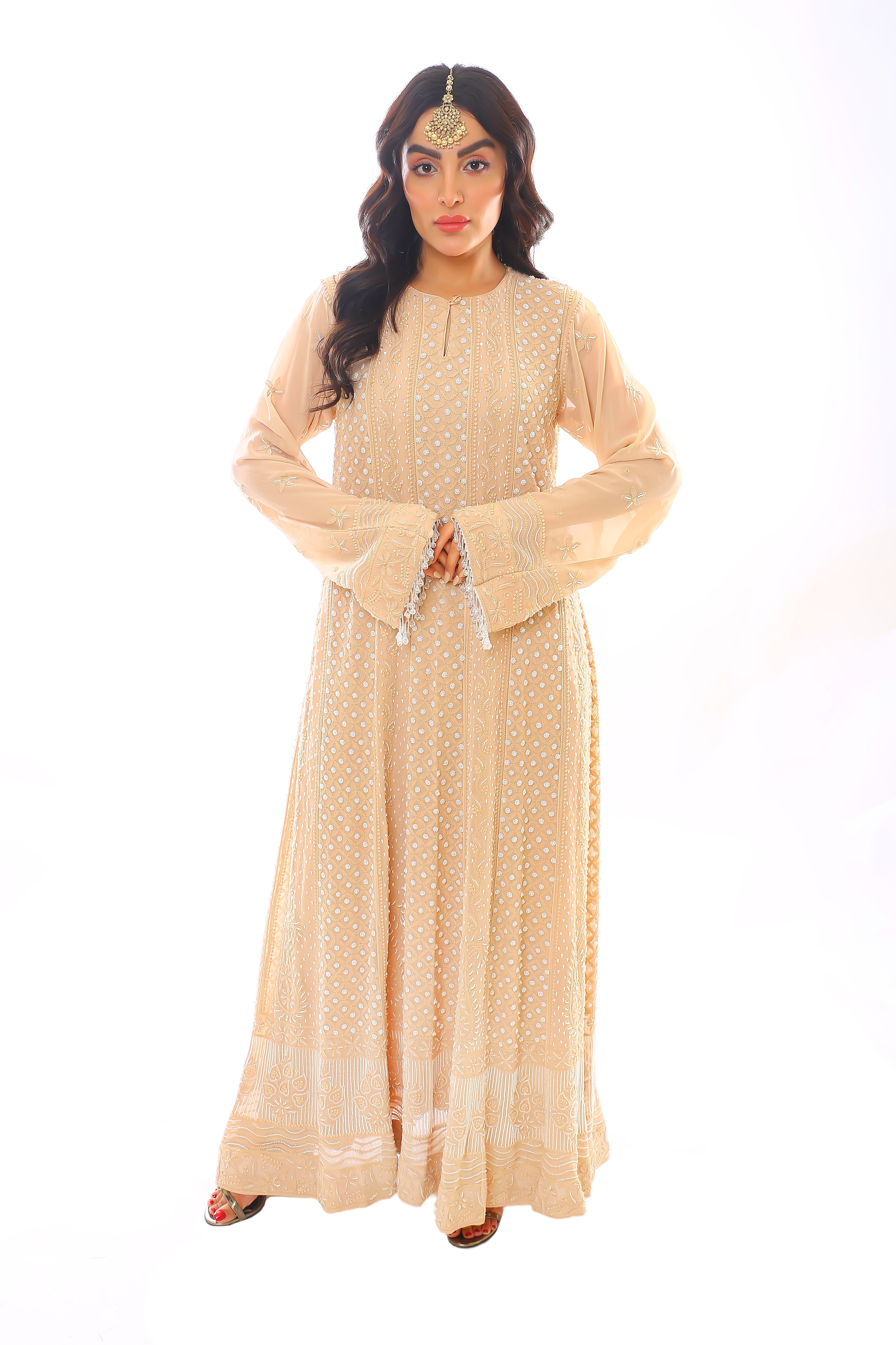 Beige Georgette Chikankari Heer Anarkali, Pant & Dupatta with Moti Cutdana