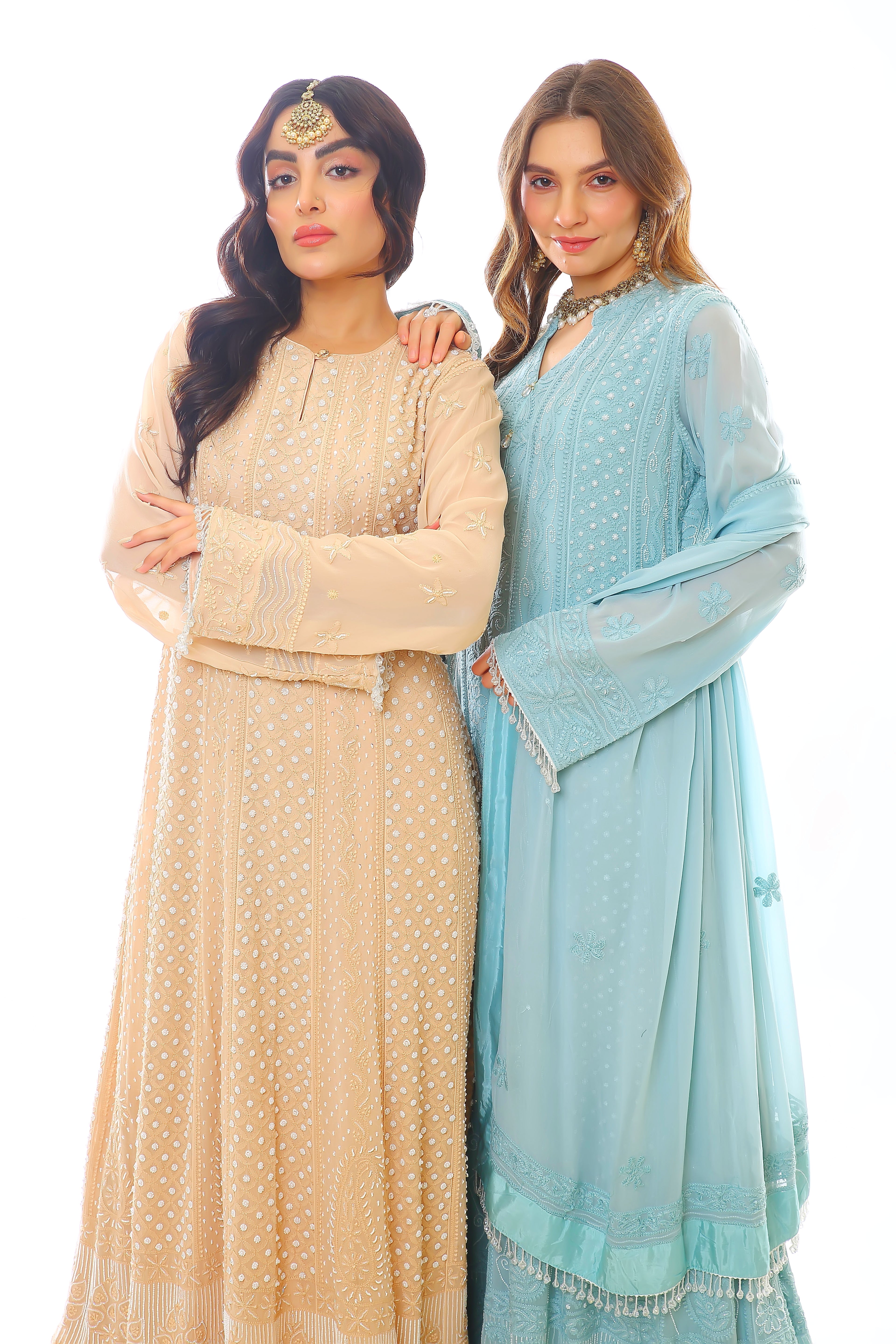 Teal Georgette Chikankari Heer Anarkali, Pant & Dupatta with Moti Cutdana- Blue