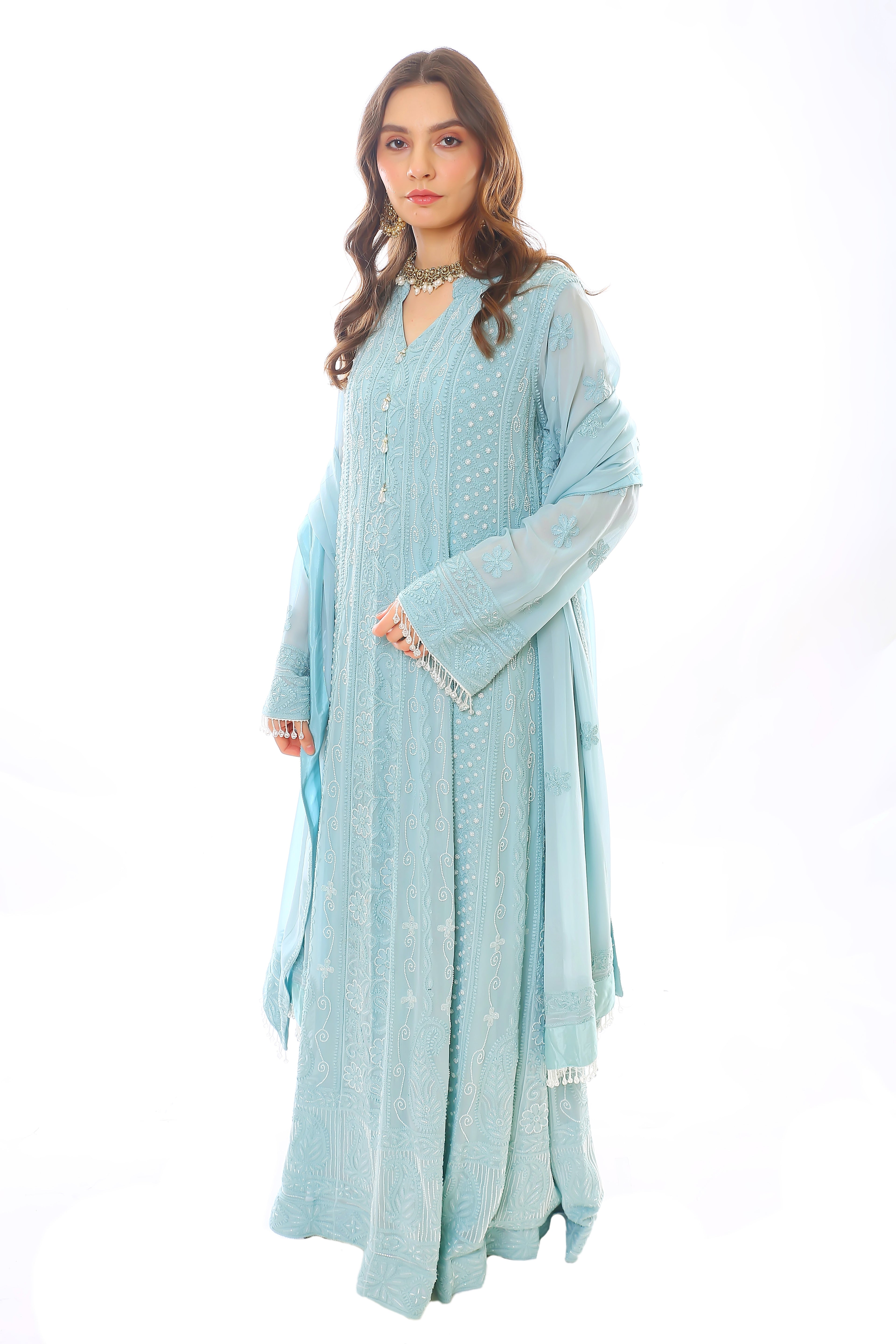 Teal Georgette Chikankari Heer Anarkali, Pant & Dupatta with Moti Cutdana- Blue