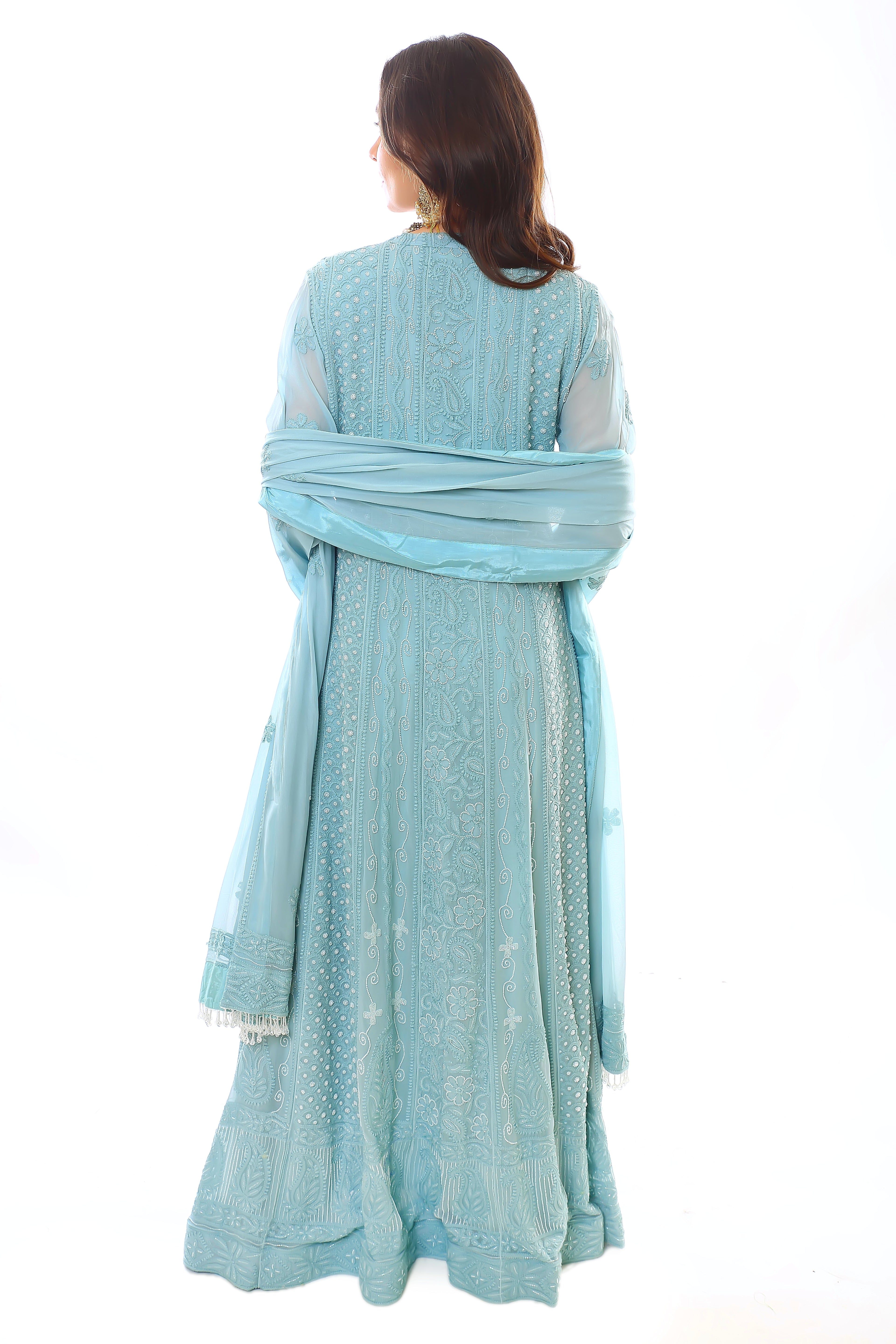 Teal Georgette Chikankari Heer Anarkali, Pant & Dupatta with Moti Cutdana- Blue