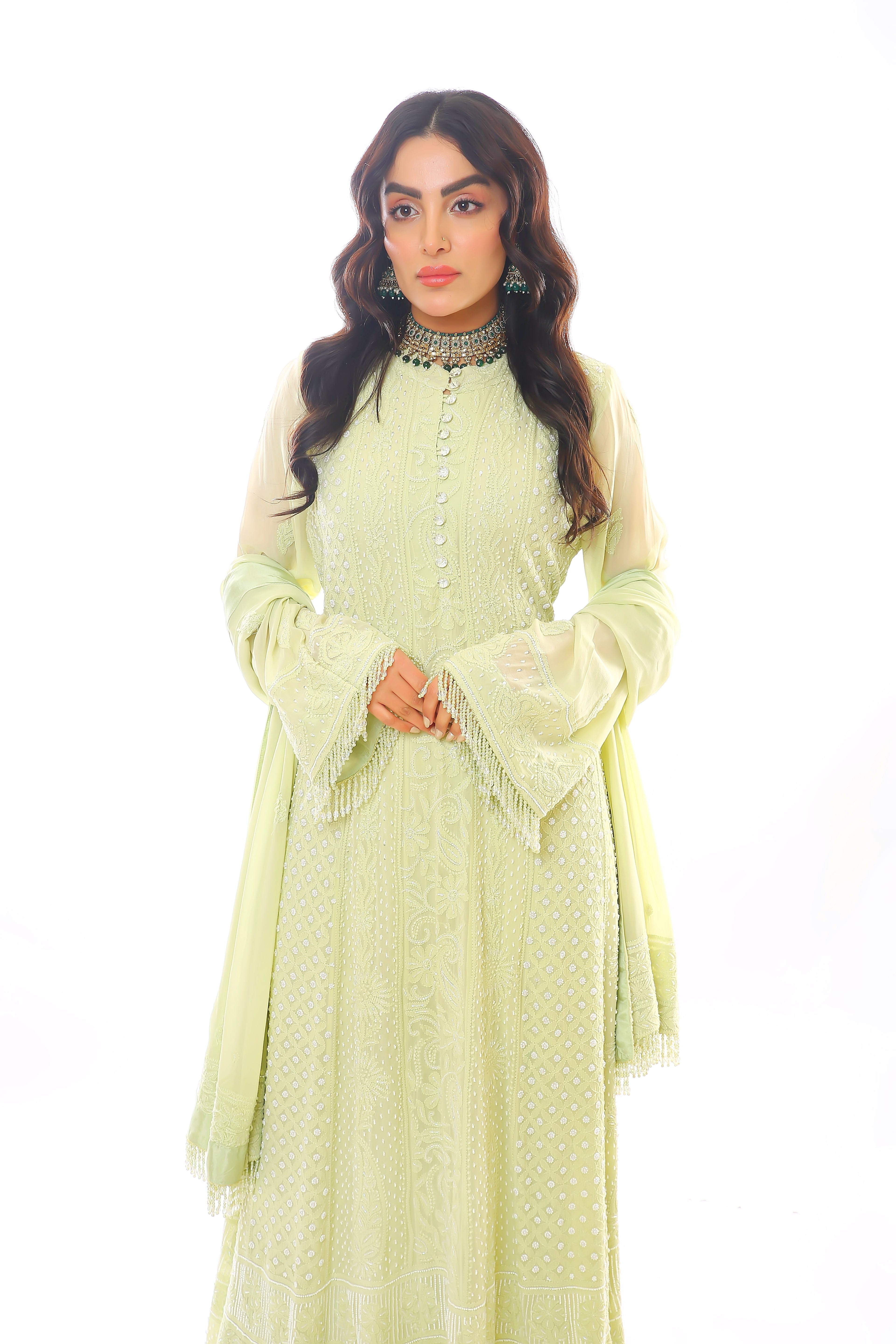 Lime Green Georgette Chikankari Heer Anarkali, Pant & Dupatta with Moti Cutdana