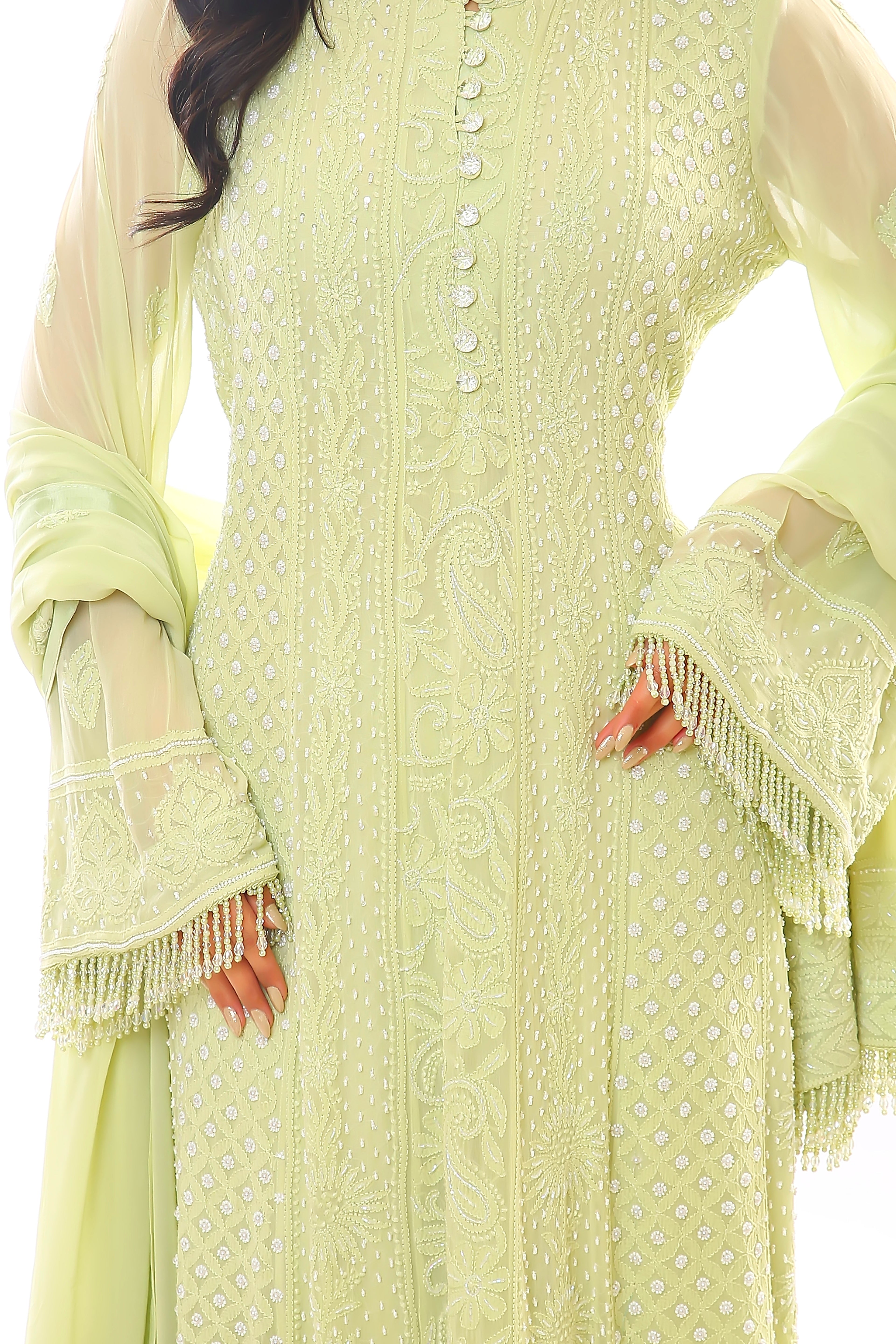Lime Green Georgette Chikankari Heer Anarkali, Pant & Dupatta with Moti Cutdana