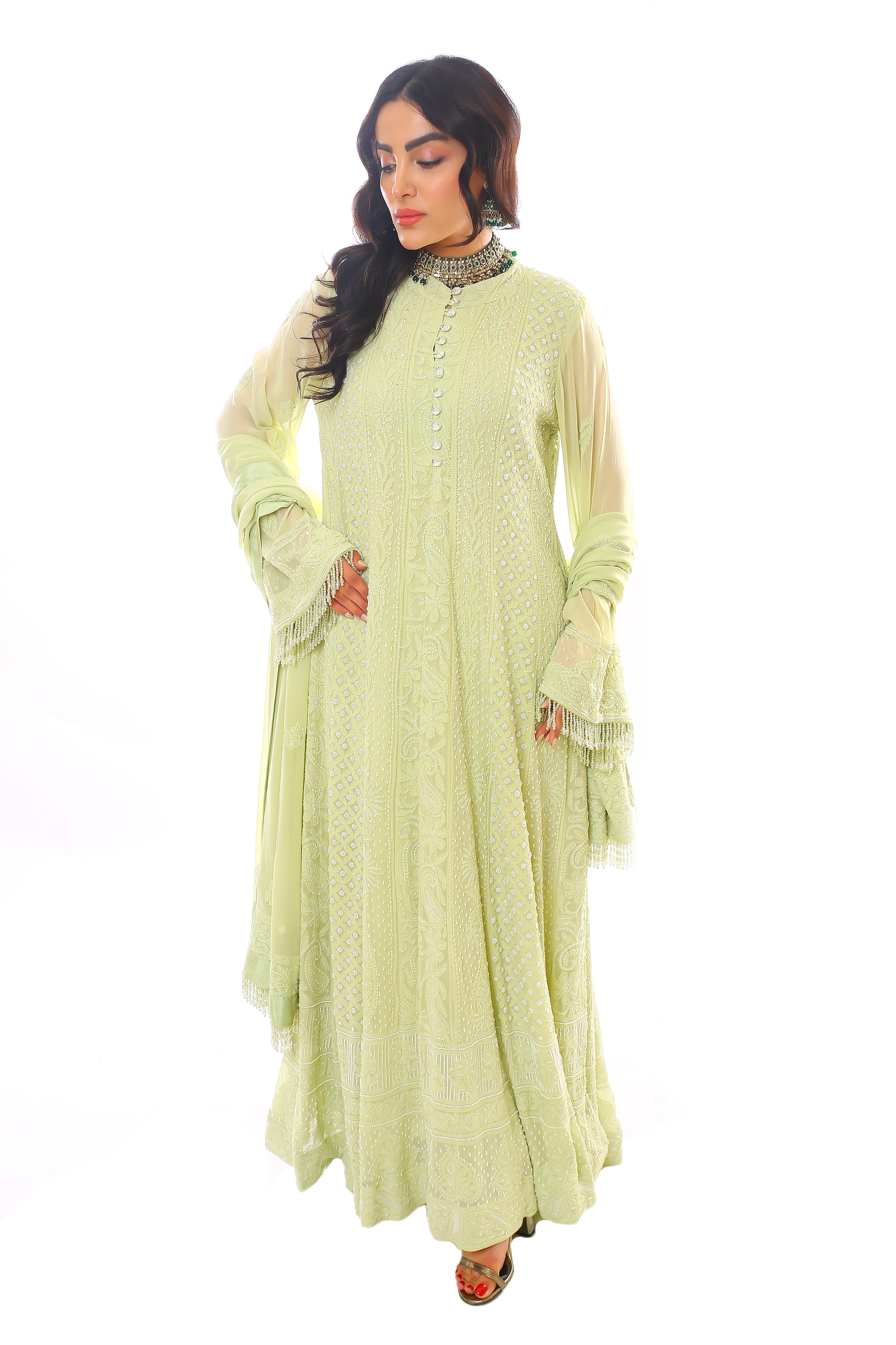 Lime Green Georgette Chikankari Heer Anarkali, Pant & Dupatta with Moti Cutdana