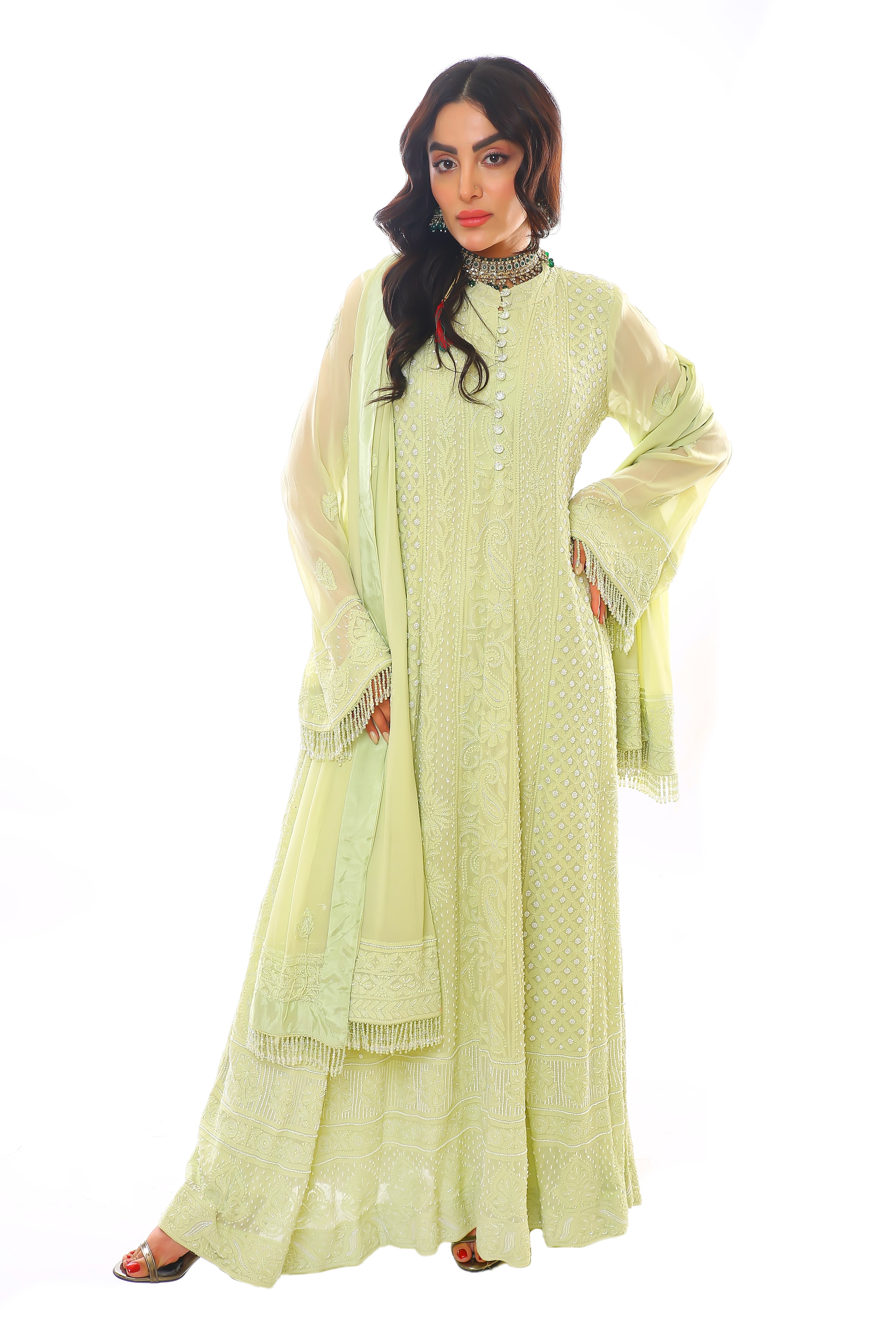Lime Green Georgette Chikankari Heer Anarkali, Pant & Dupatta with Moti Cutdana