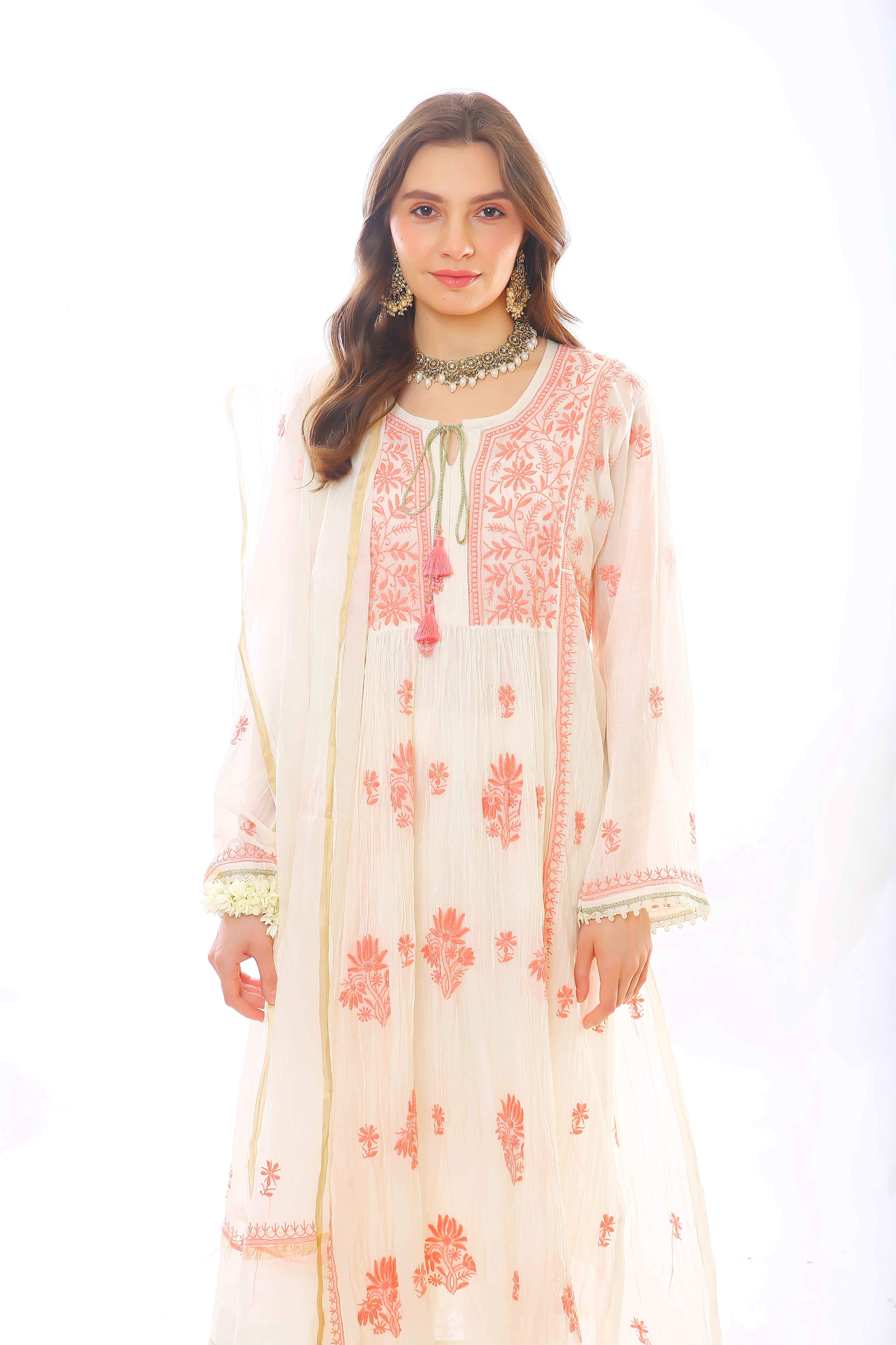 Ivory/Coral Mul Chanderi Zar Kurta Pant Dupatta Set