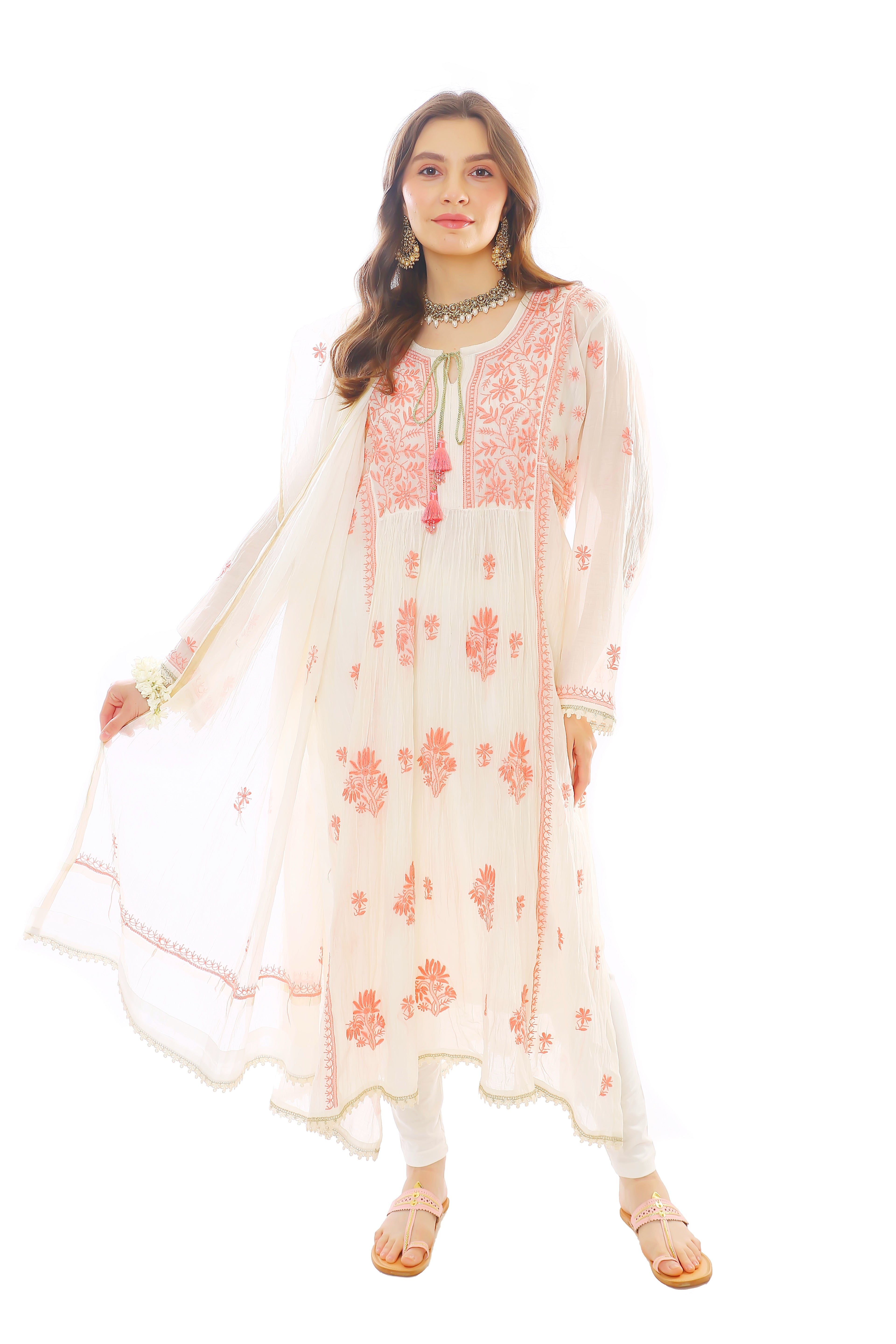 Ivory/Coral Mul Chanderi Zar Kurta Pant Dupatta Set
