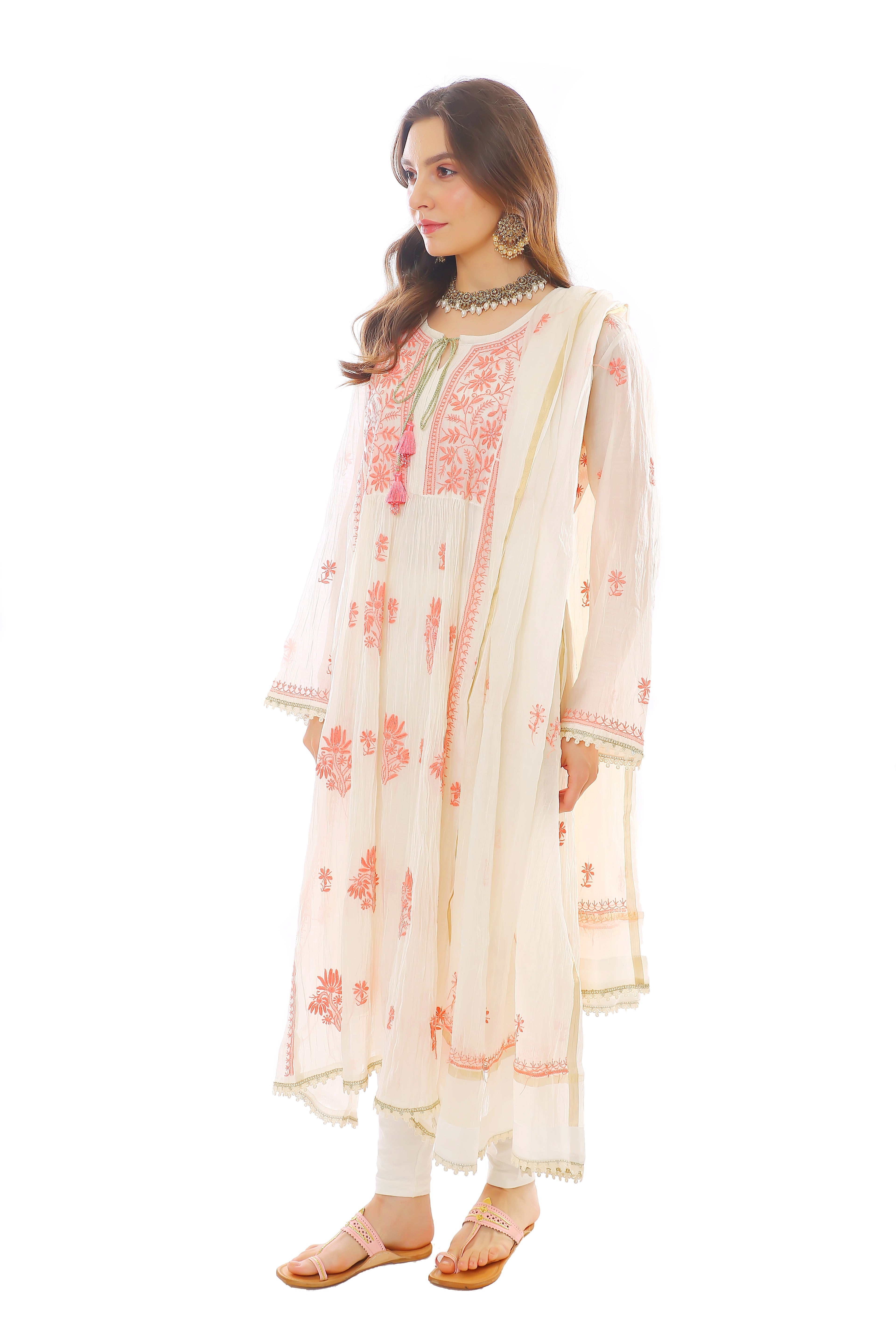 Ivory/Coral Mul Chanderi Zar Kurta Pant Dupatta Set