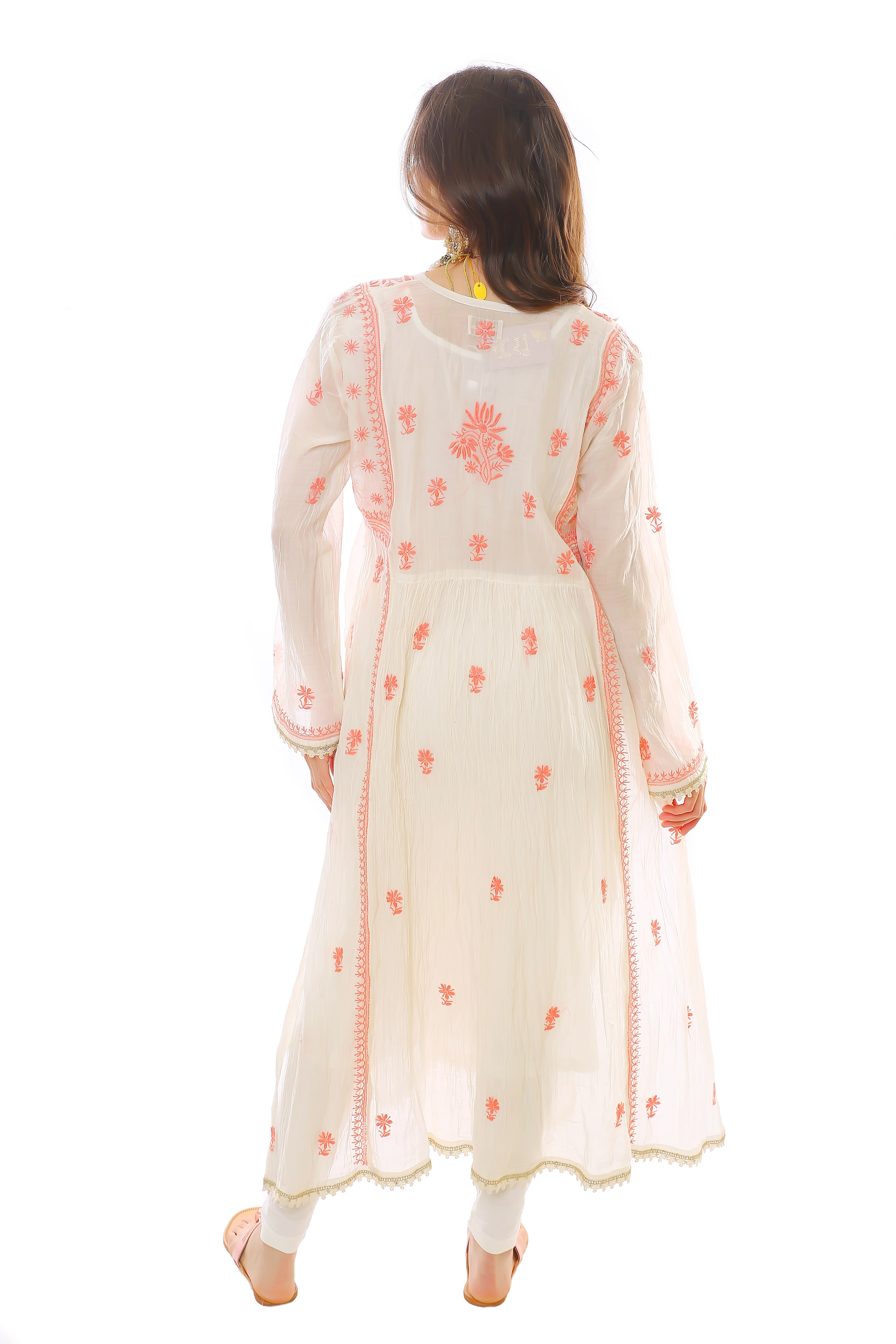 Ivory/Coral Mul Chanderi Zar Kurta Pant Dupatta Set