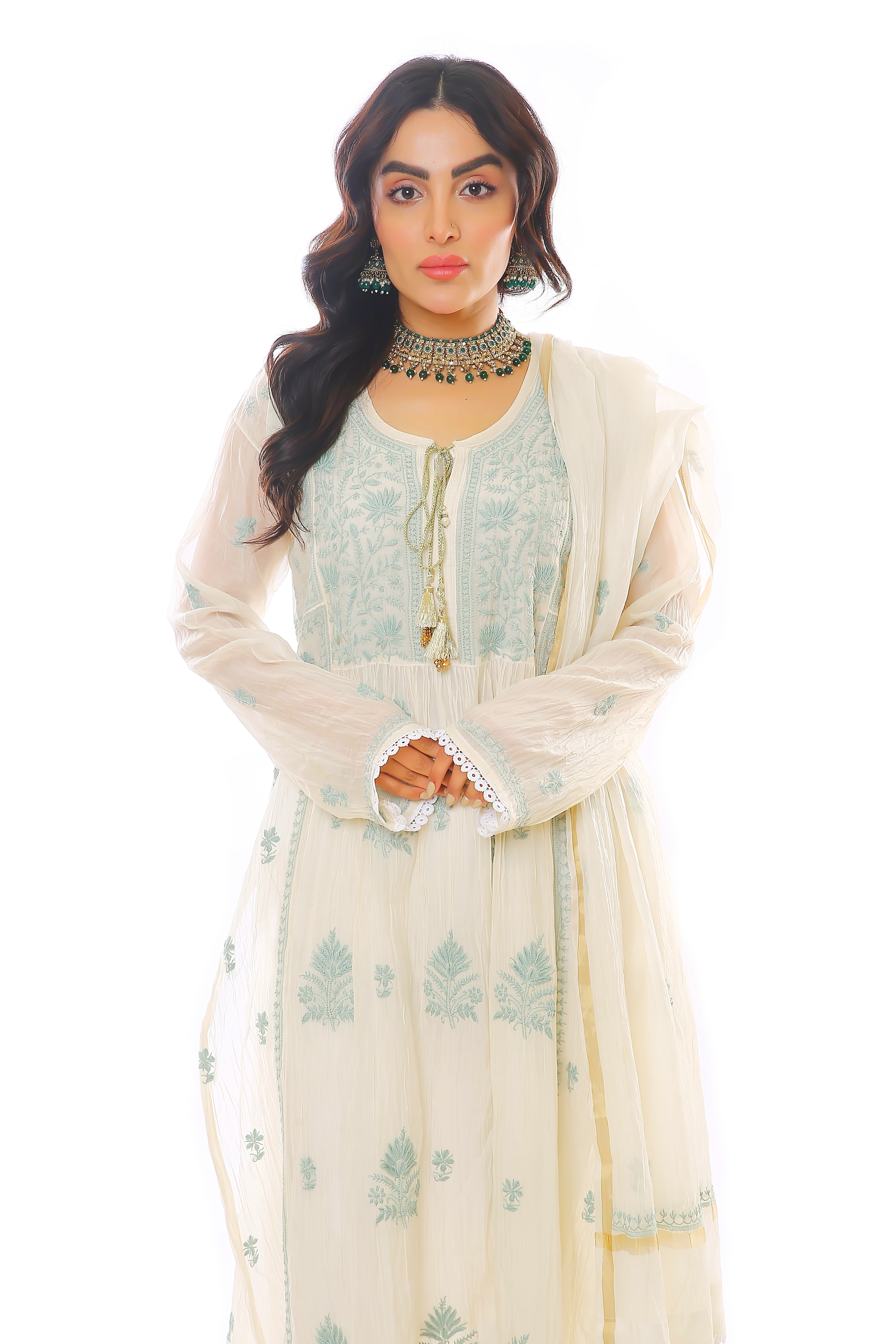Ivory/Mint Mul Chanderi Zar Kurta Pant Dupatta Set