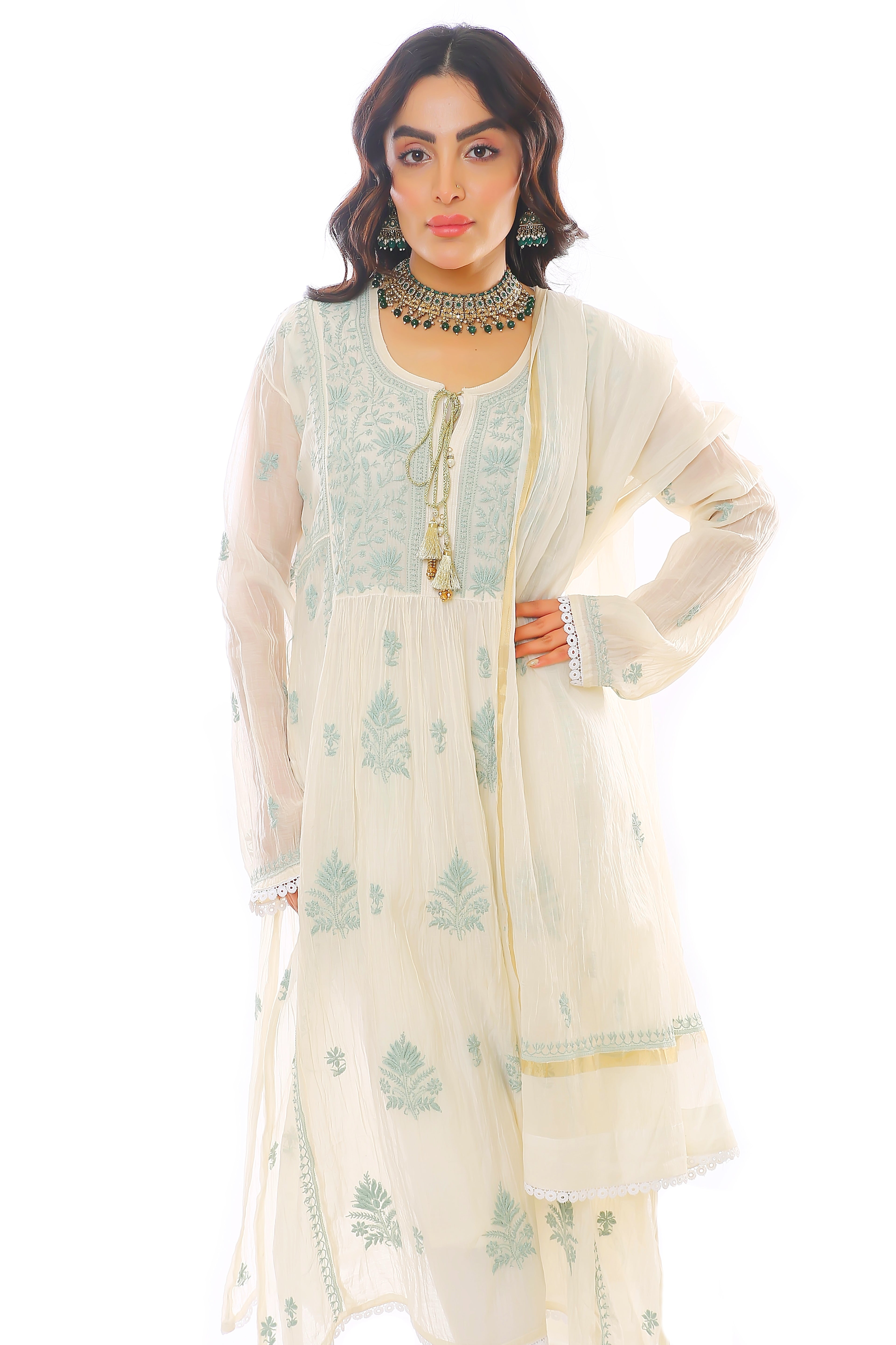 Ivory/Mint Mul Chanderi Zar Kurta Pant Dupatta Set