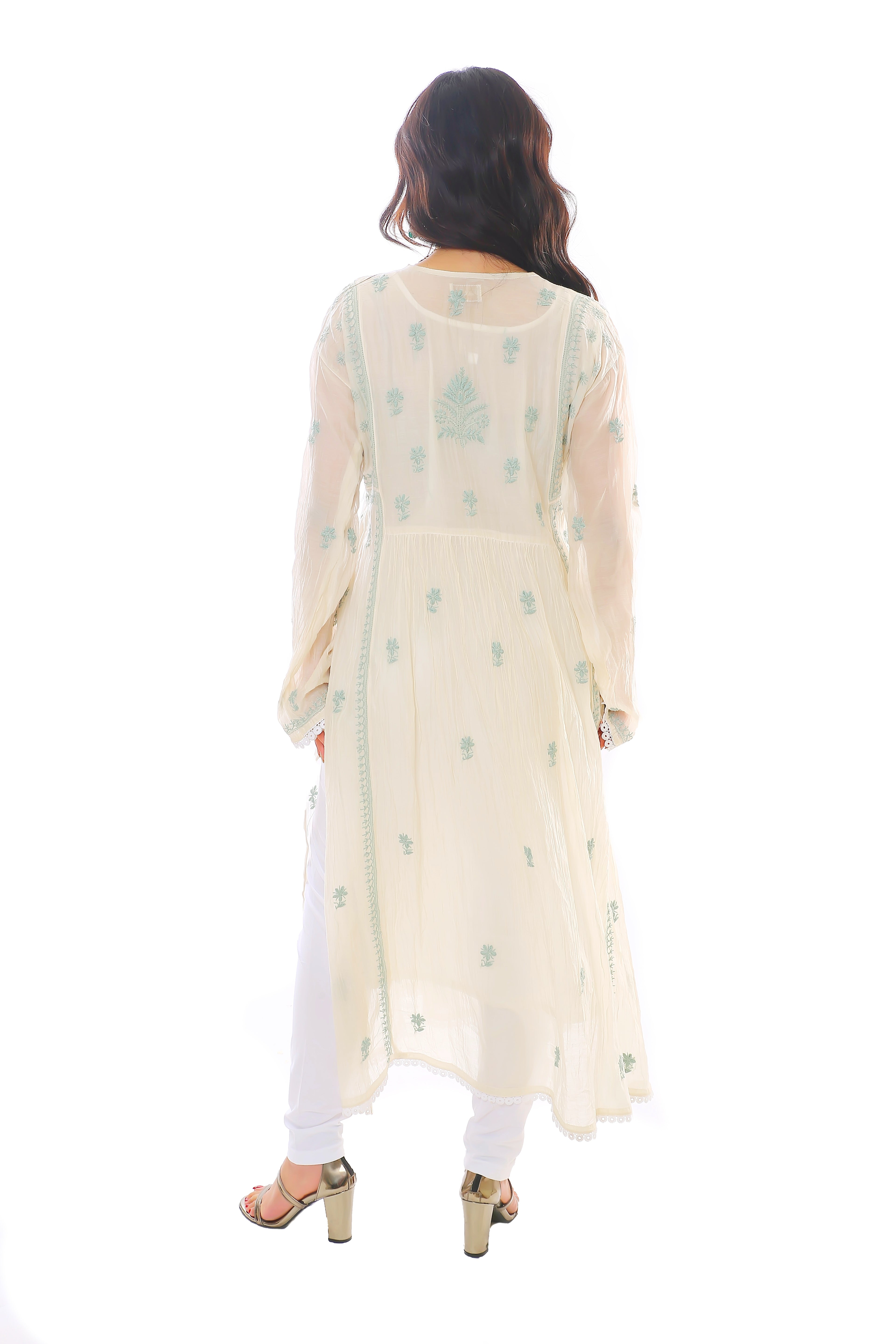 Ivory/Mint Mul Chanderi Zar Kurta Pant Dupatta Set