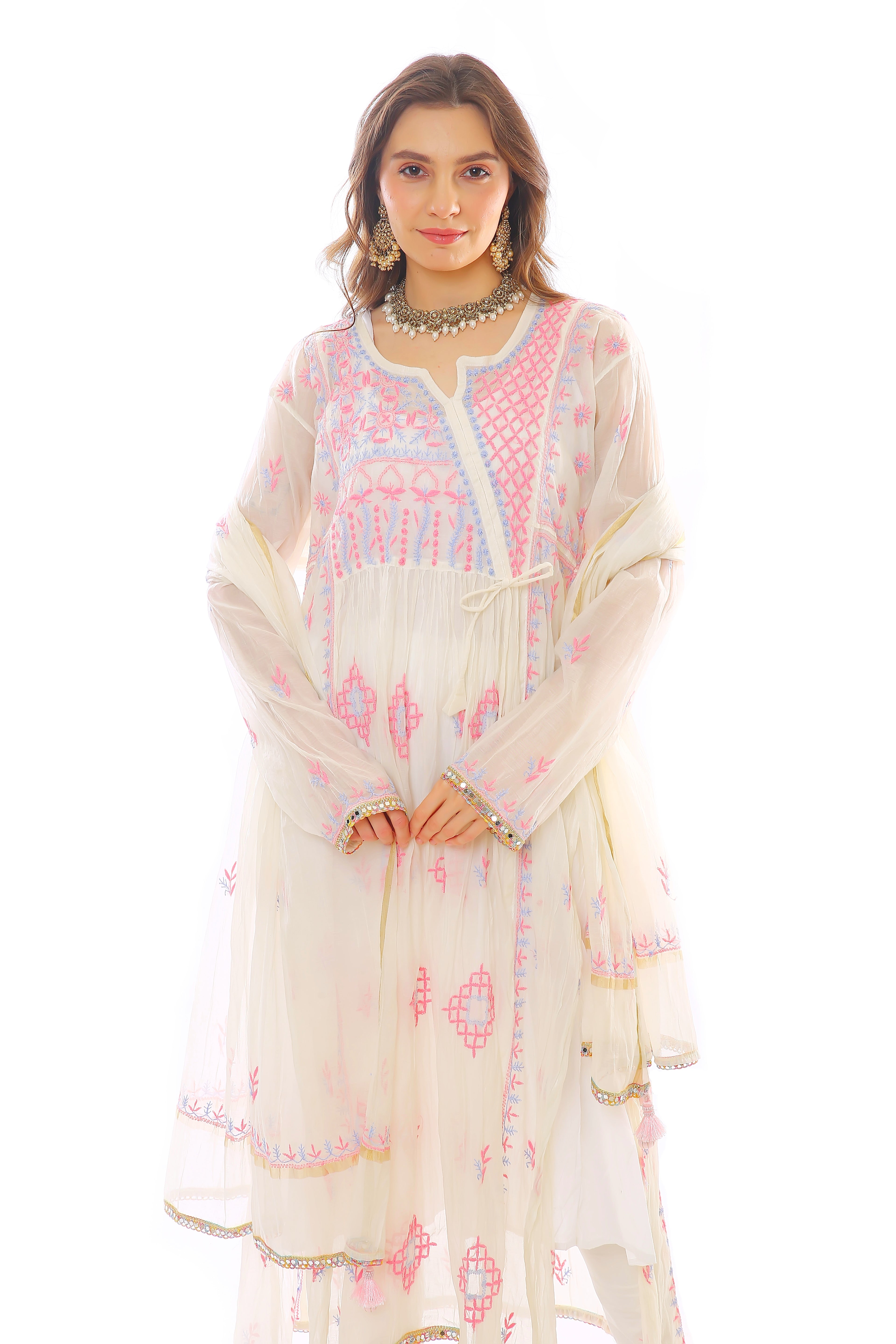 White/Multi Chanderi Gulrukh Angrakha Set