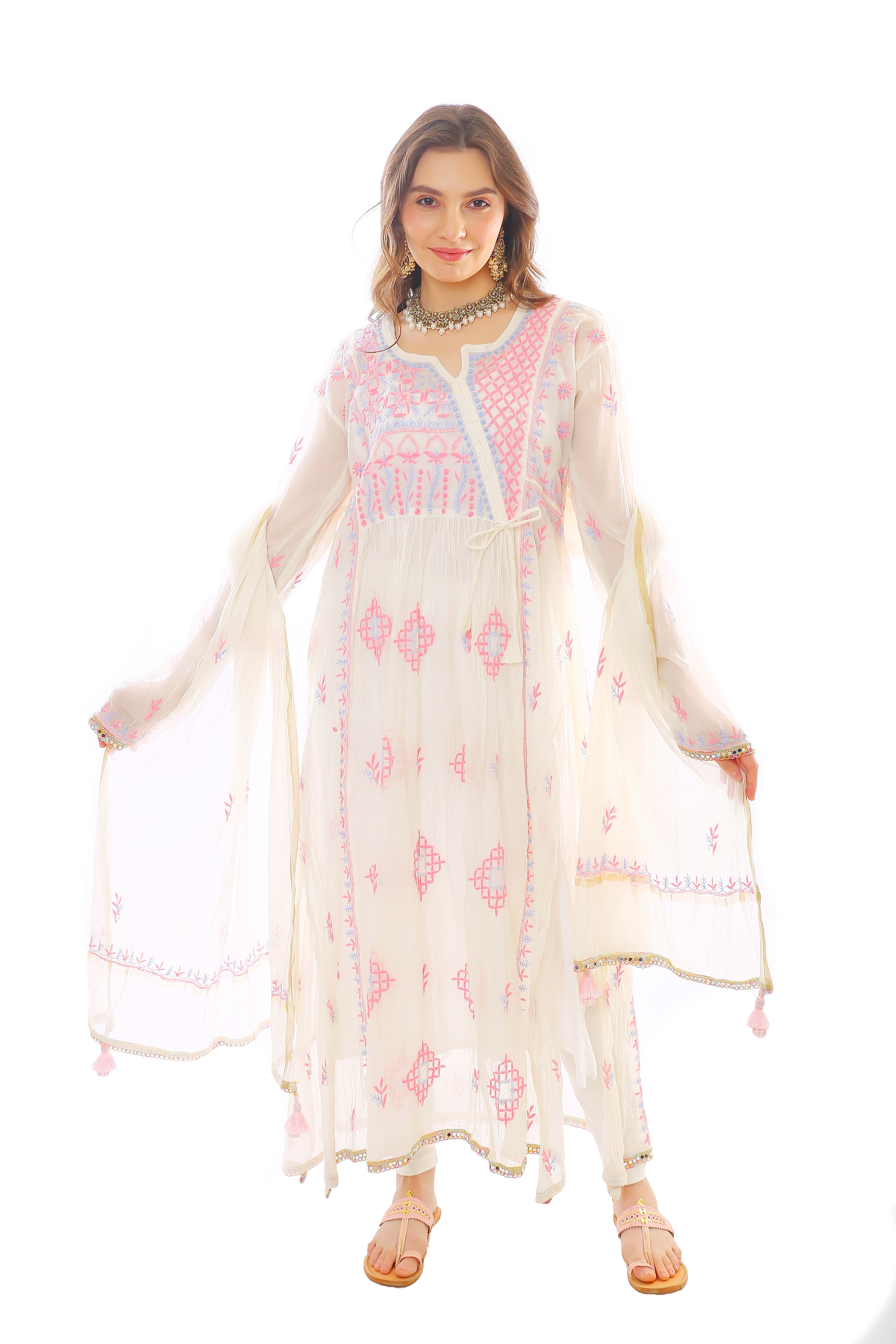 White/Multi Chanderi Gulrukh Angrakha Set