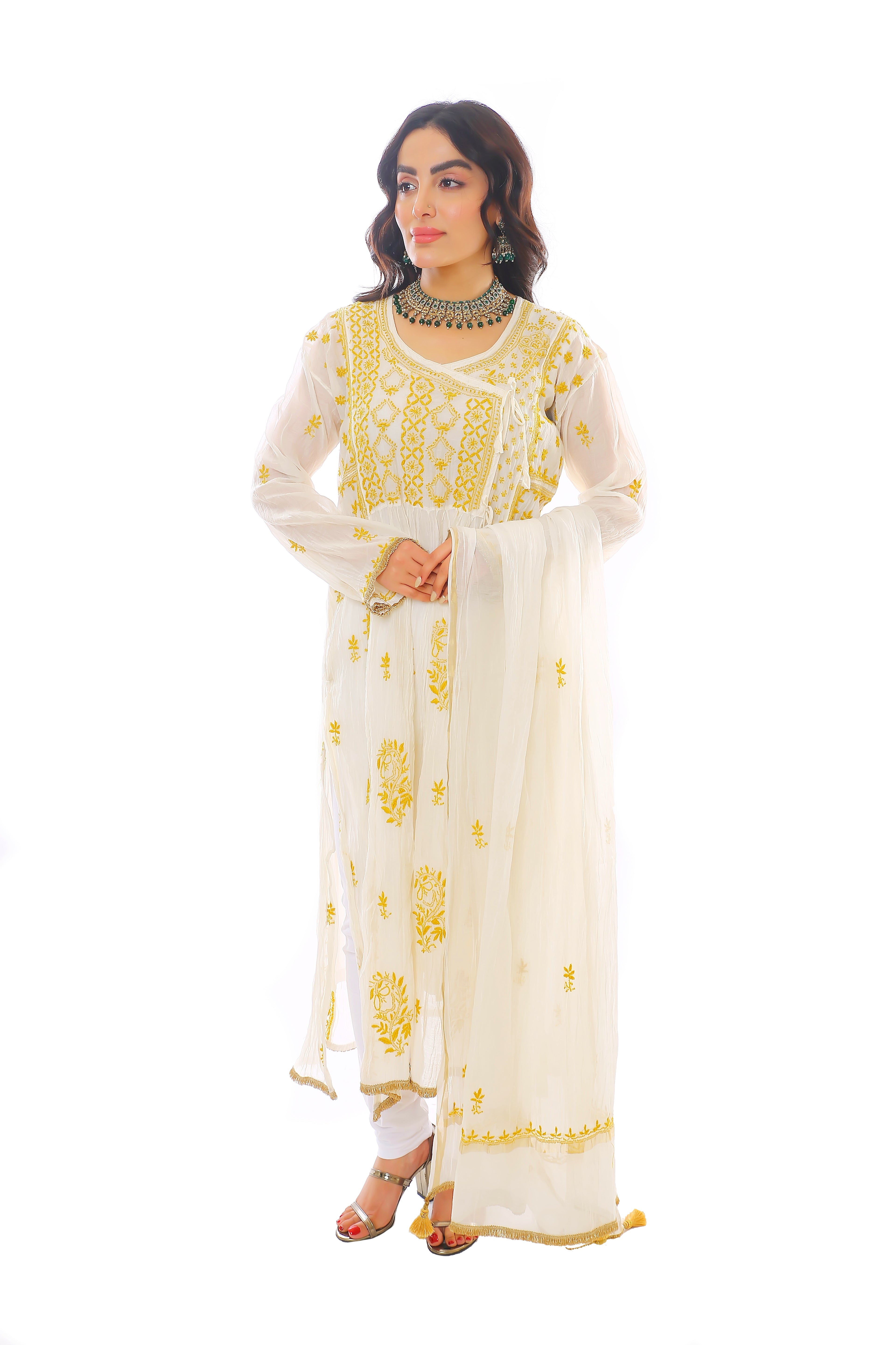 Ivory/Mustard Mul Chanderi Zehra Angrakha Set