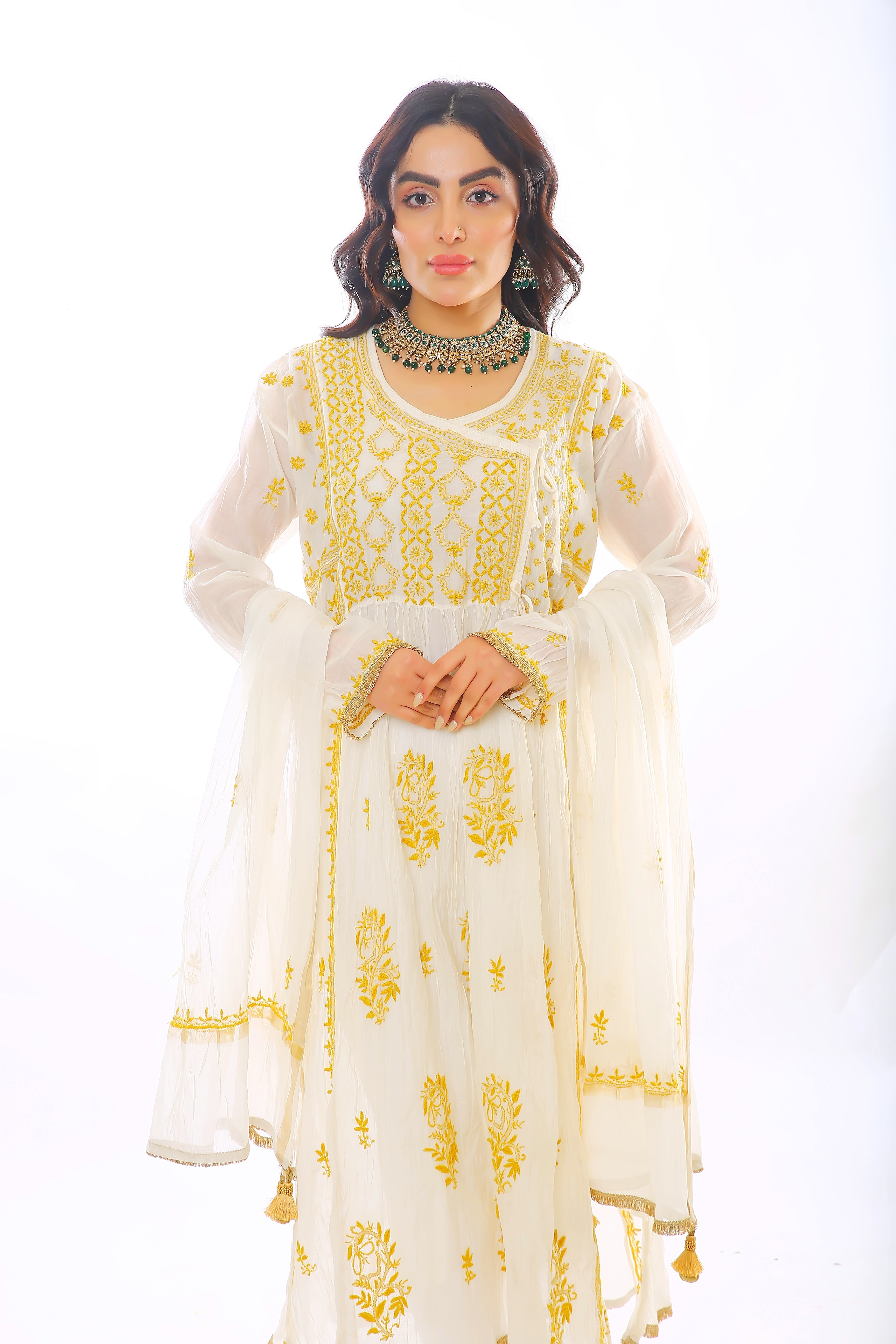 Ivory/Mustard Mul Chanderi Zehra Angrakha Set