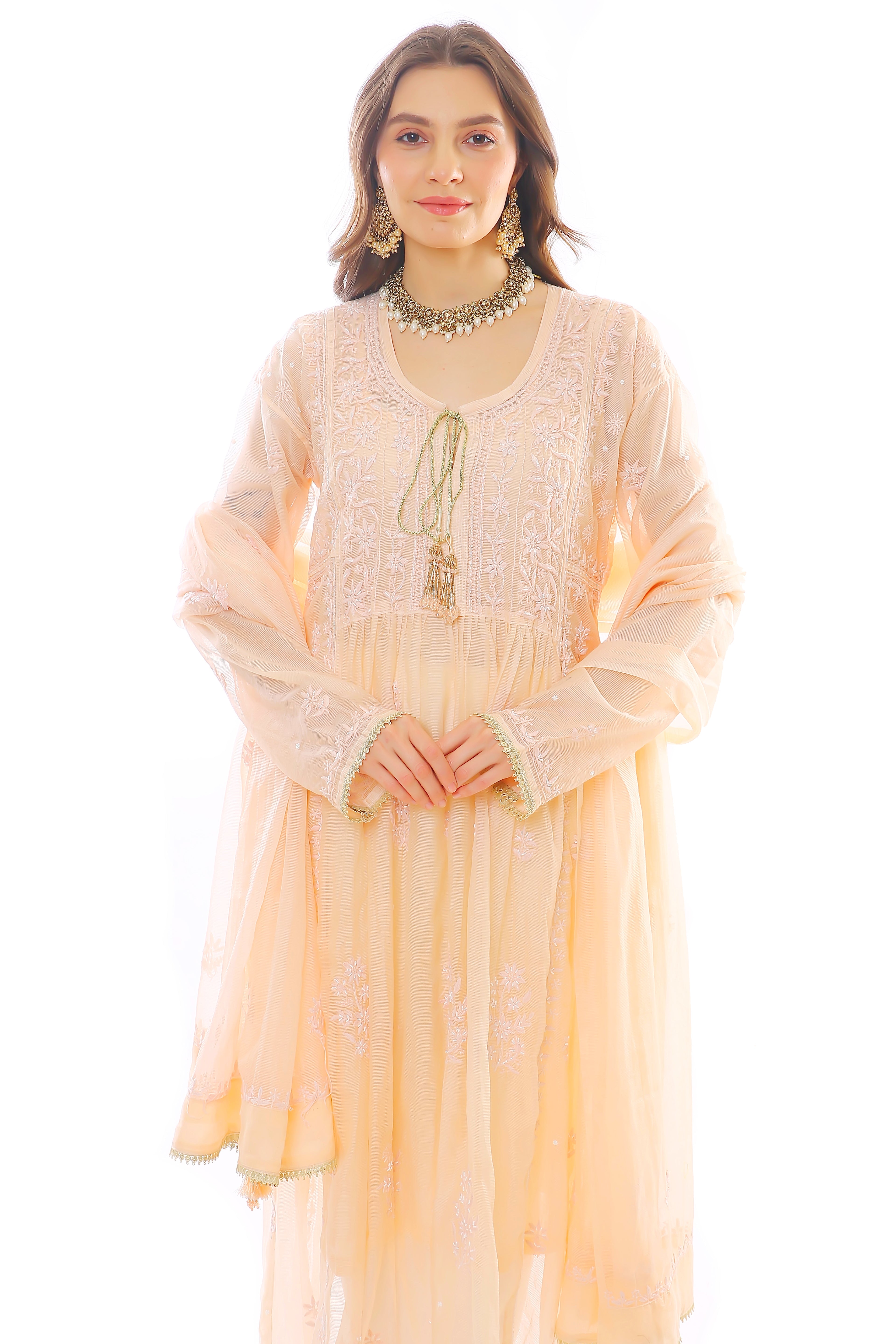 Peach Mul Chanderi Rehmat Kurta Pant Dupatta Set with Moti Cutdana