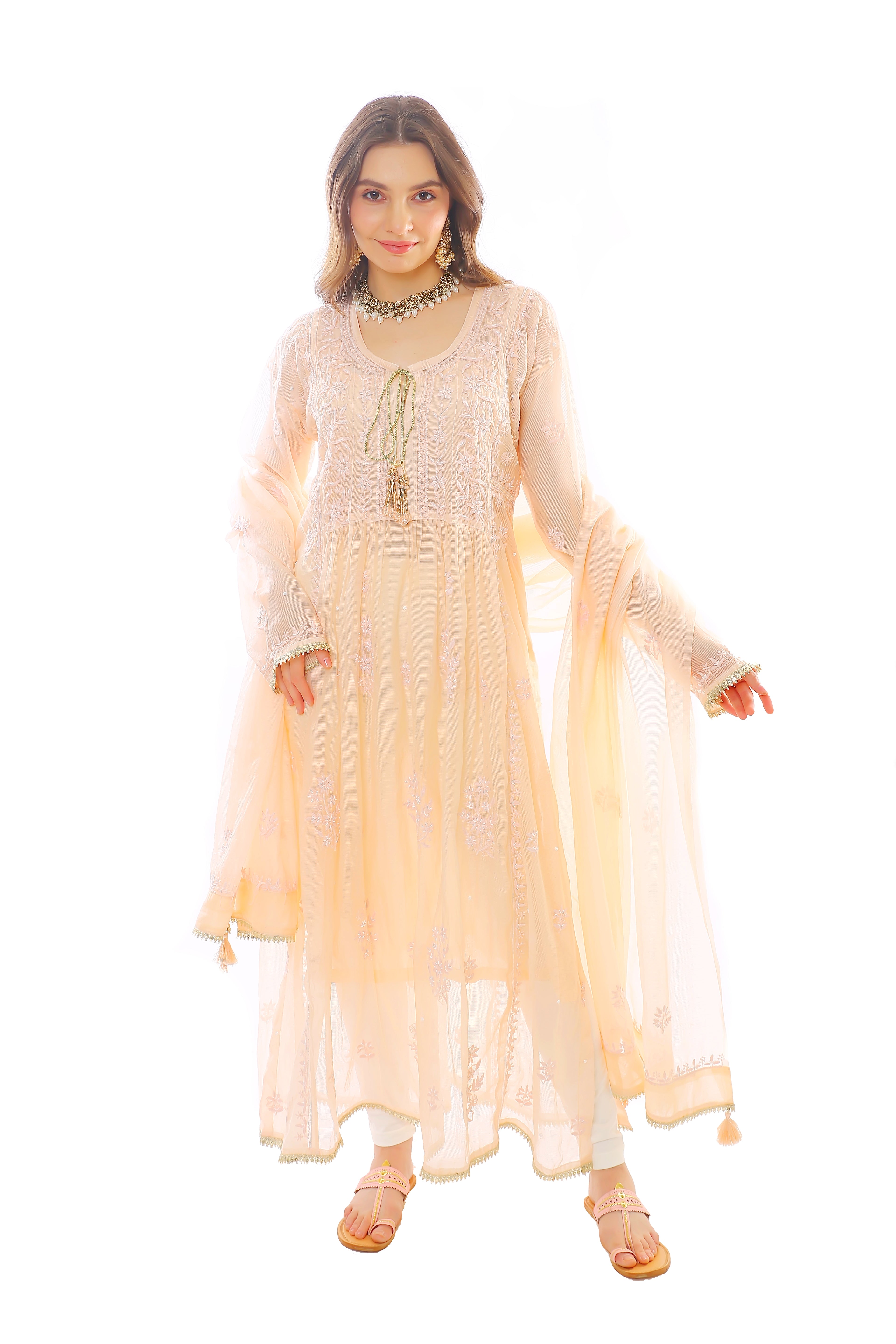 Peach Mul Chanderi Rehmat Kurta Pant Dupatta Set with Moti Cutdana