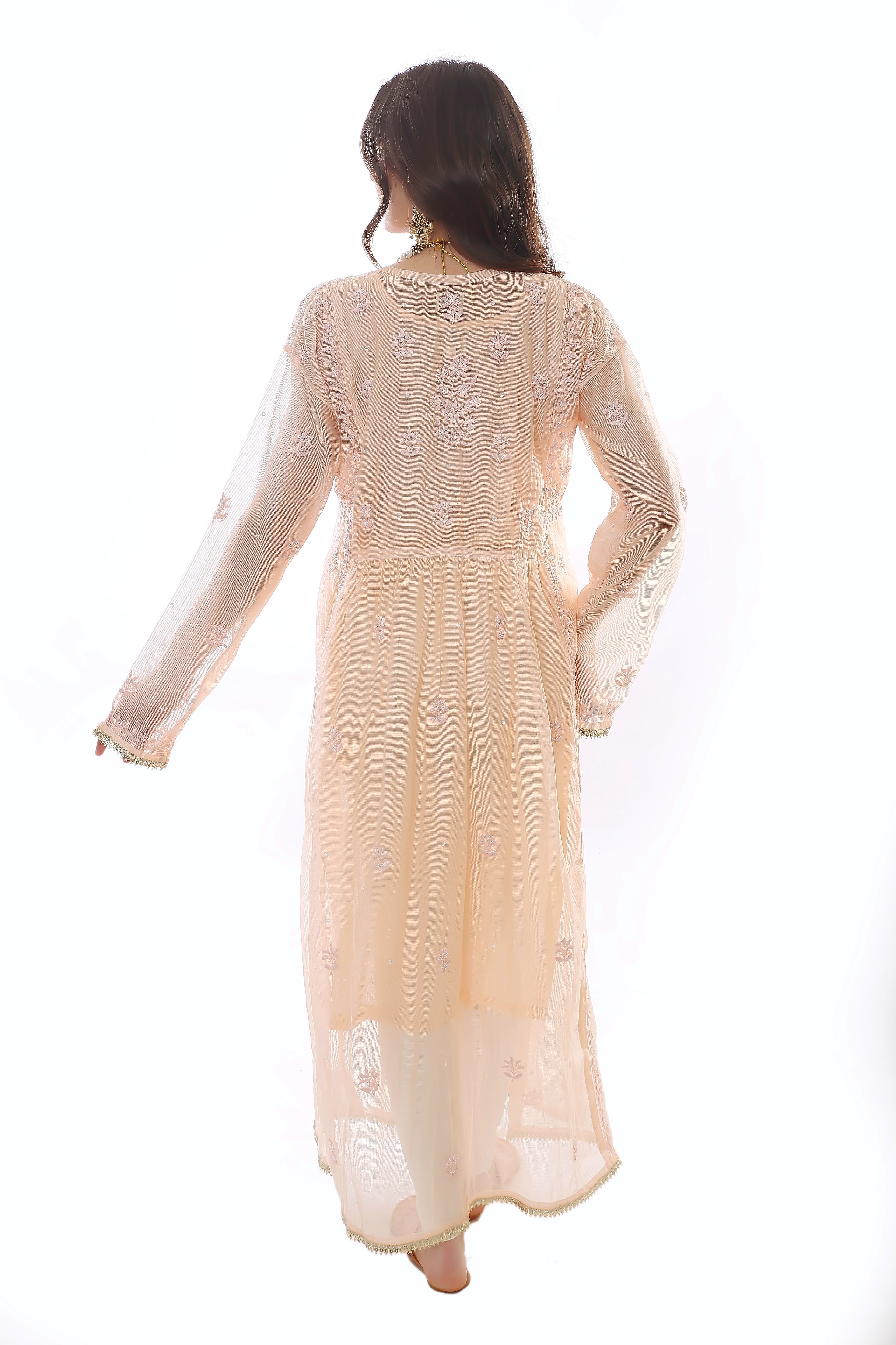 Peach Mul Chanderi Rehmat Kurta Pant Dupatta Set with Moti Cutdana