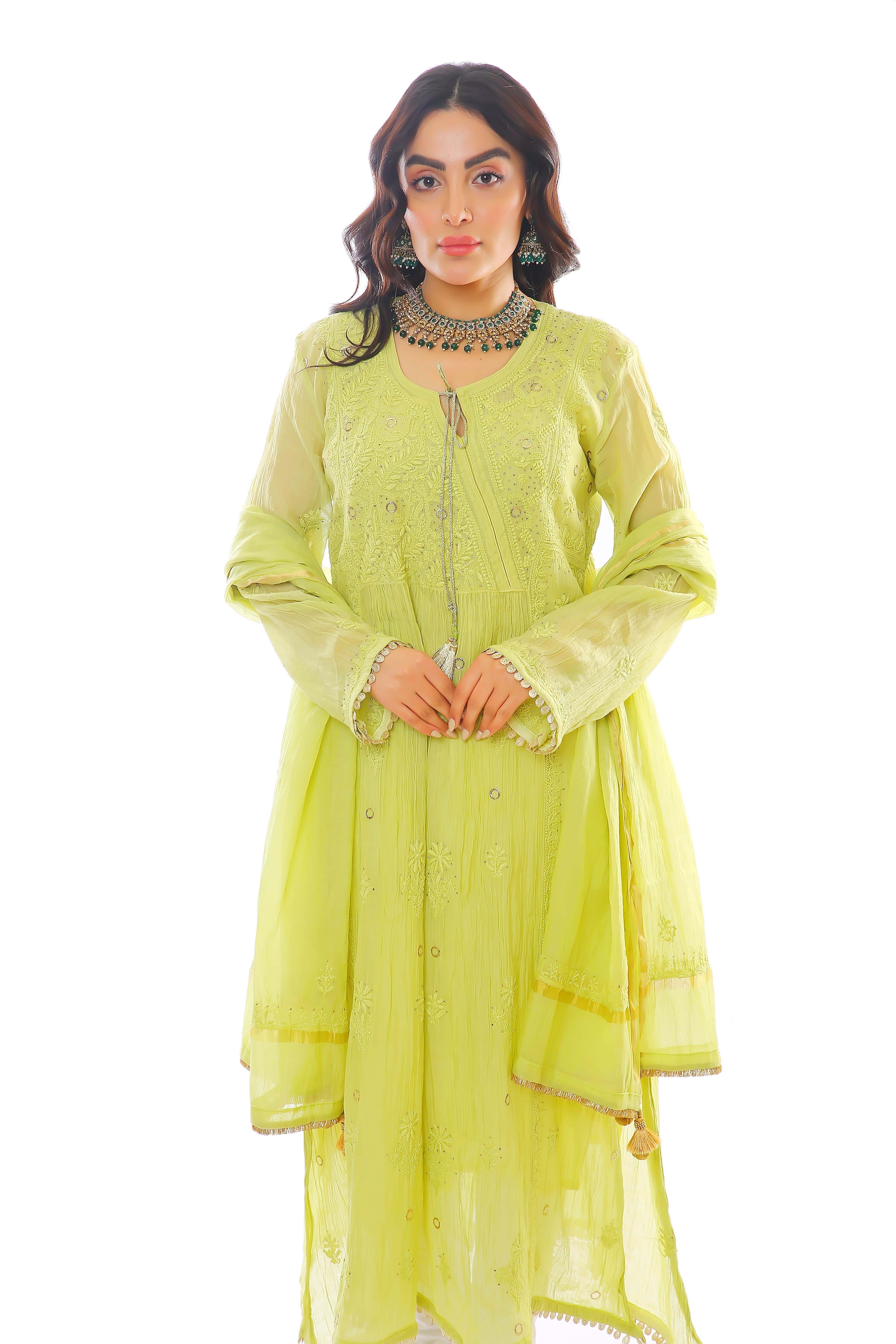 Green Mul Chanderi Raya Angrakha Set with Mukaish