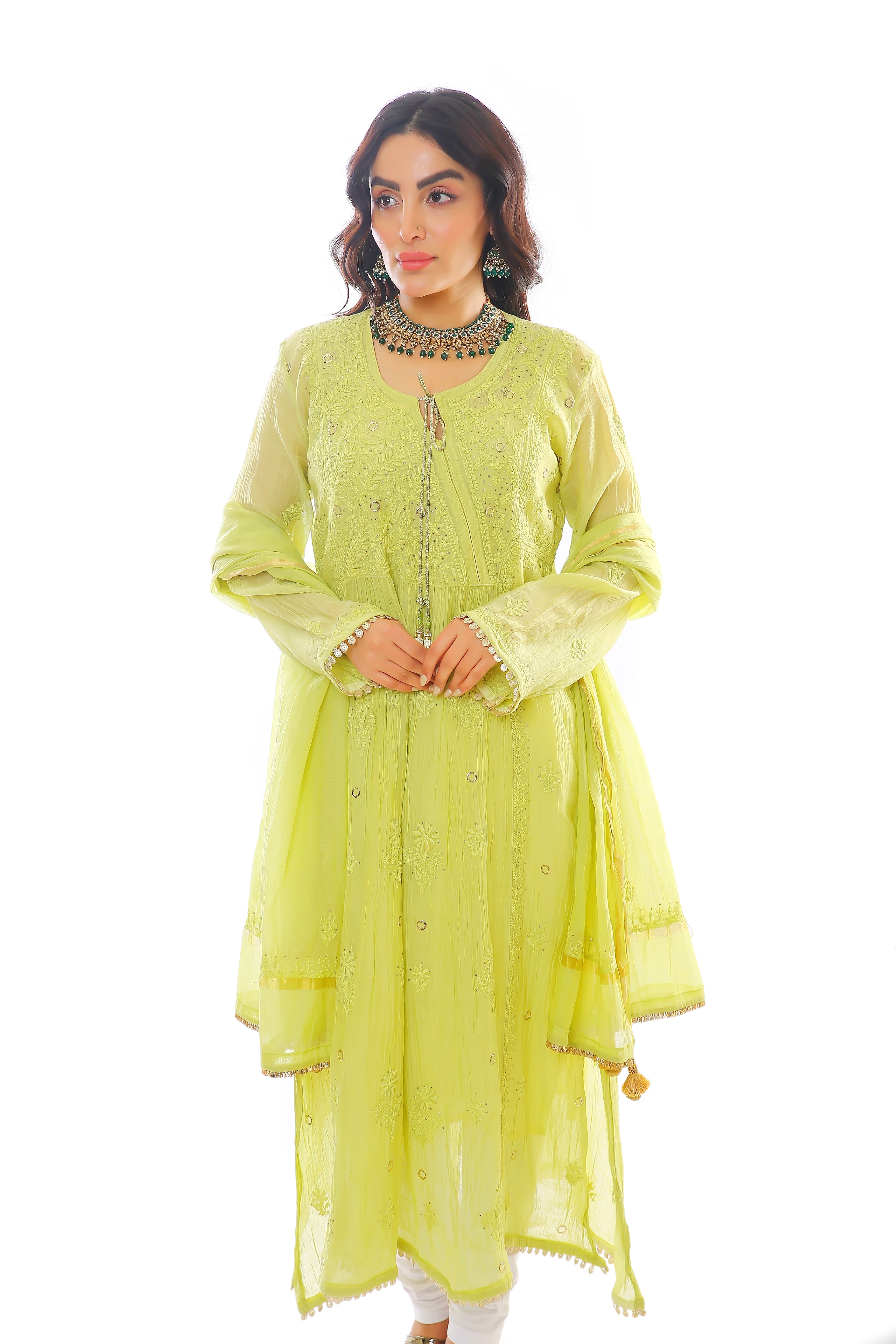 Green Mul Chanderi Raya Angrakha Set with Mukaish