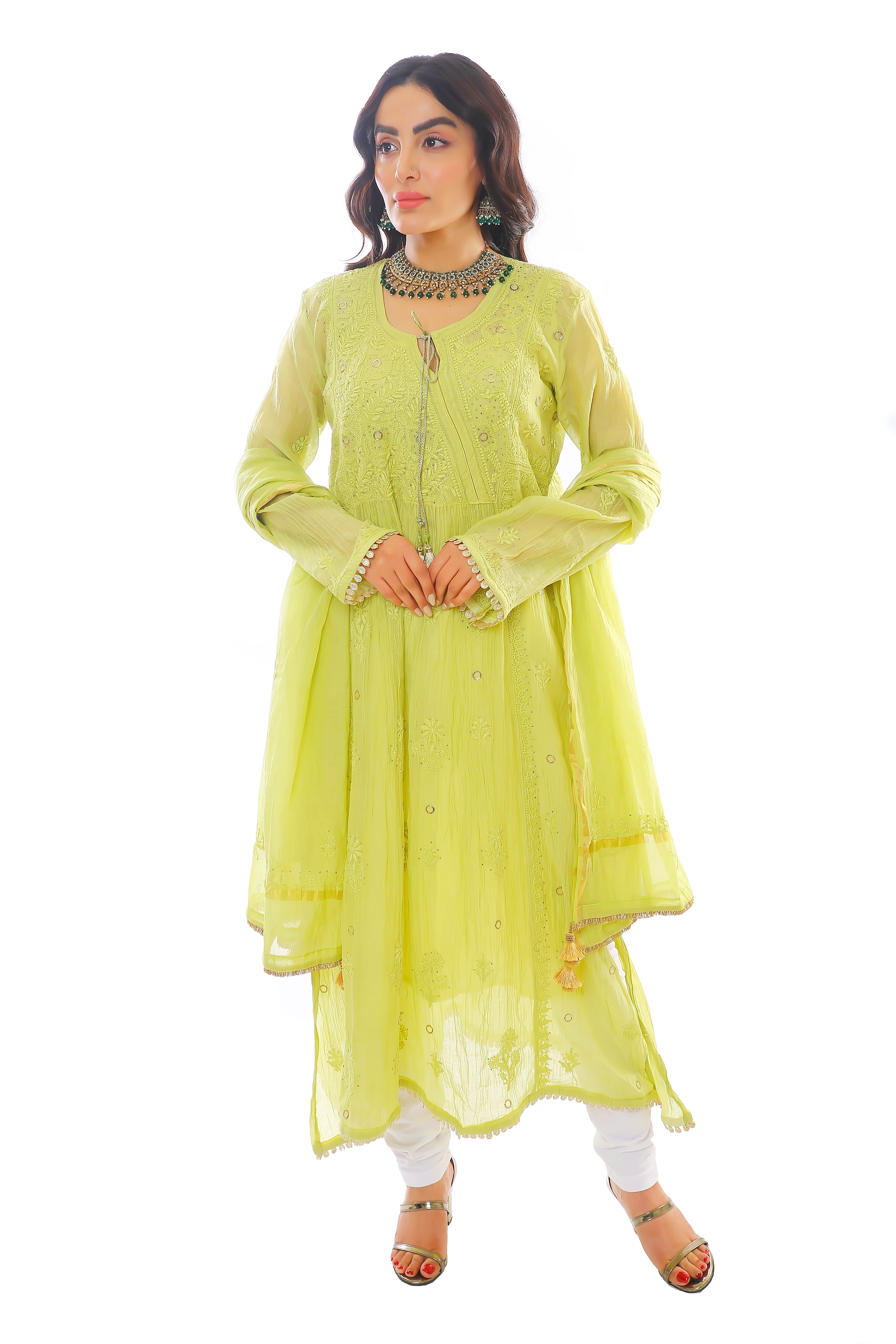 Green Mul Chanderi Raya Angrakha Set with Mukaish