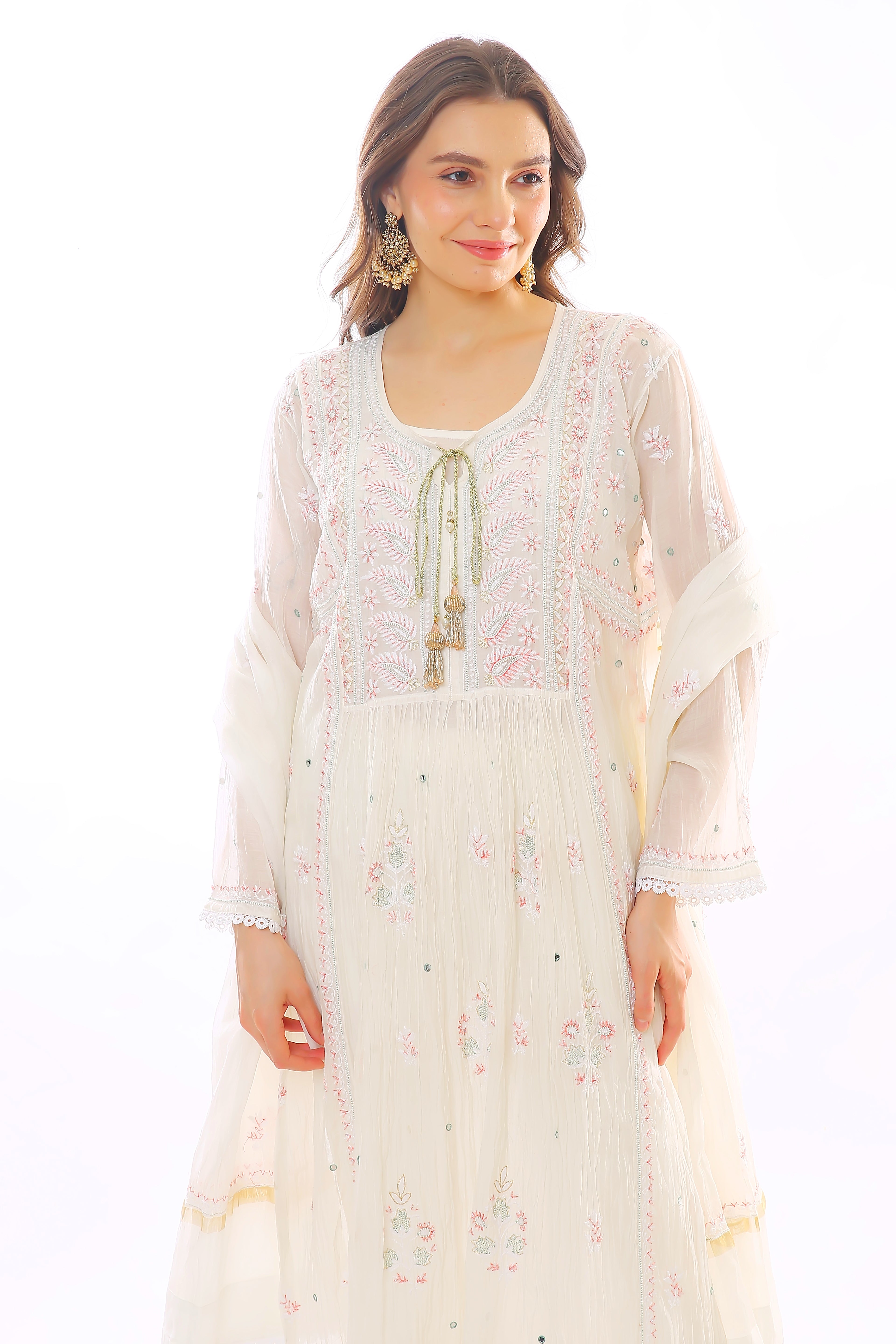 Ivory / Multi Mul Chanderi Kurta Pant Dupatta Set with Moti Cutdana