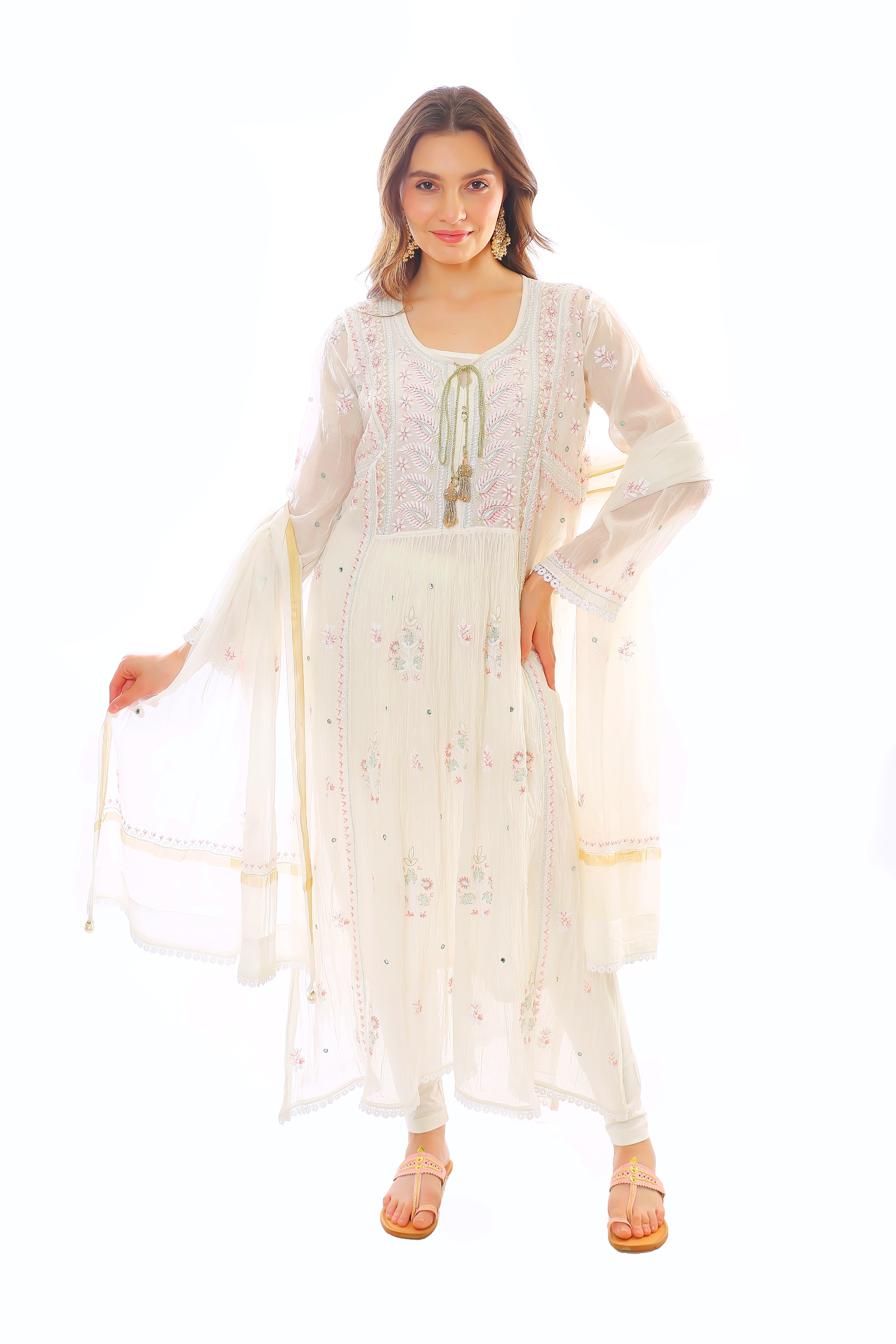 Ivory / Multi Mul Chanderi Kurta Pant Dupatta Set with Moti Cutdana