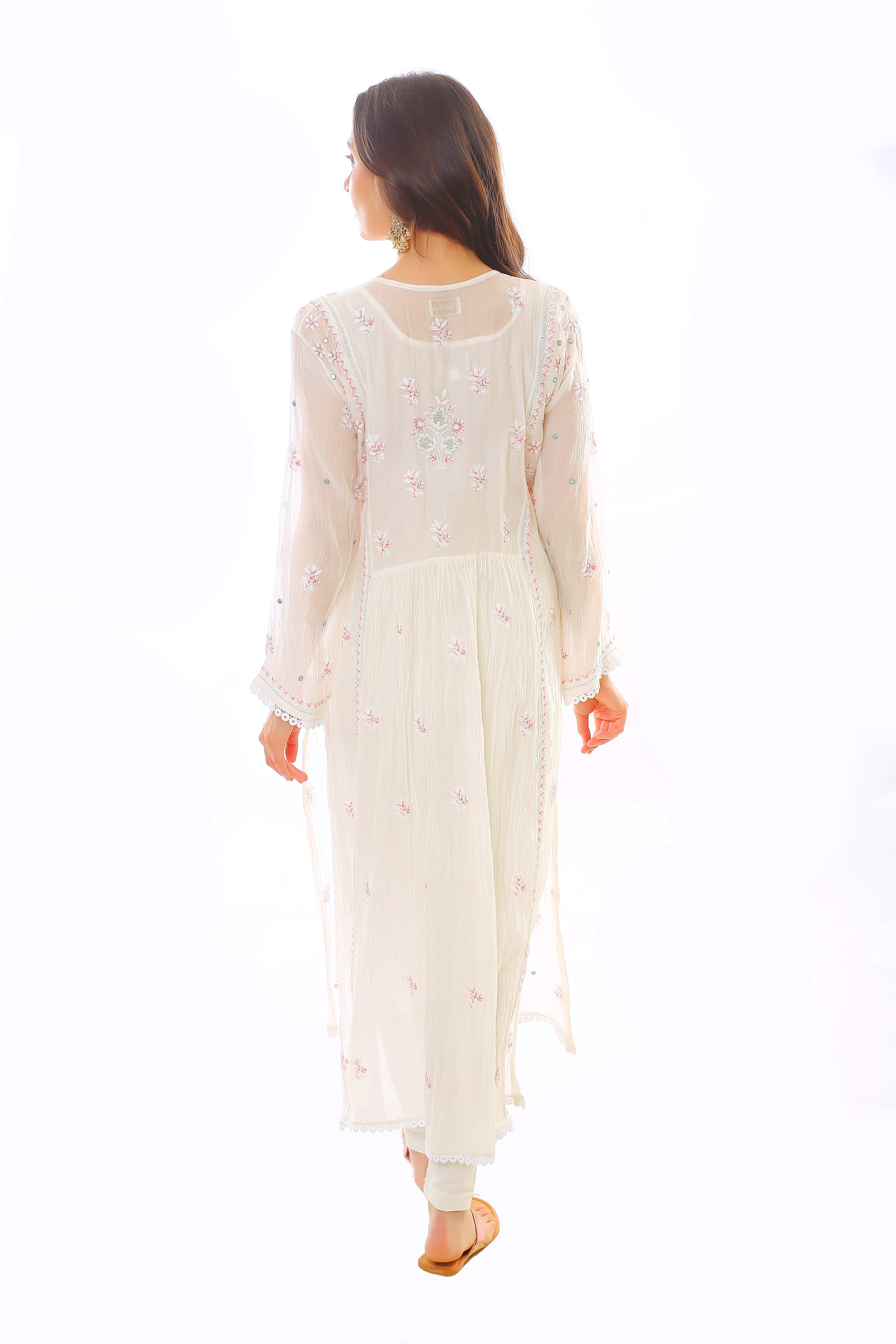 Ivory / Multi Mul Chanderi Kurta Pant Dupatta Set with Moti Cutdana