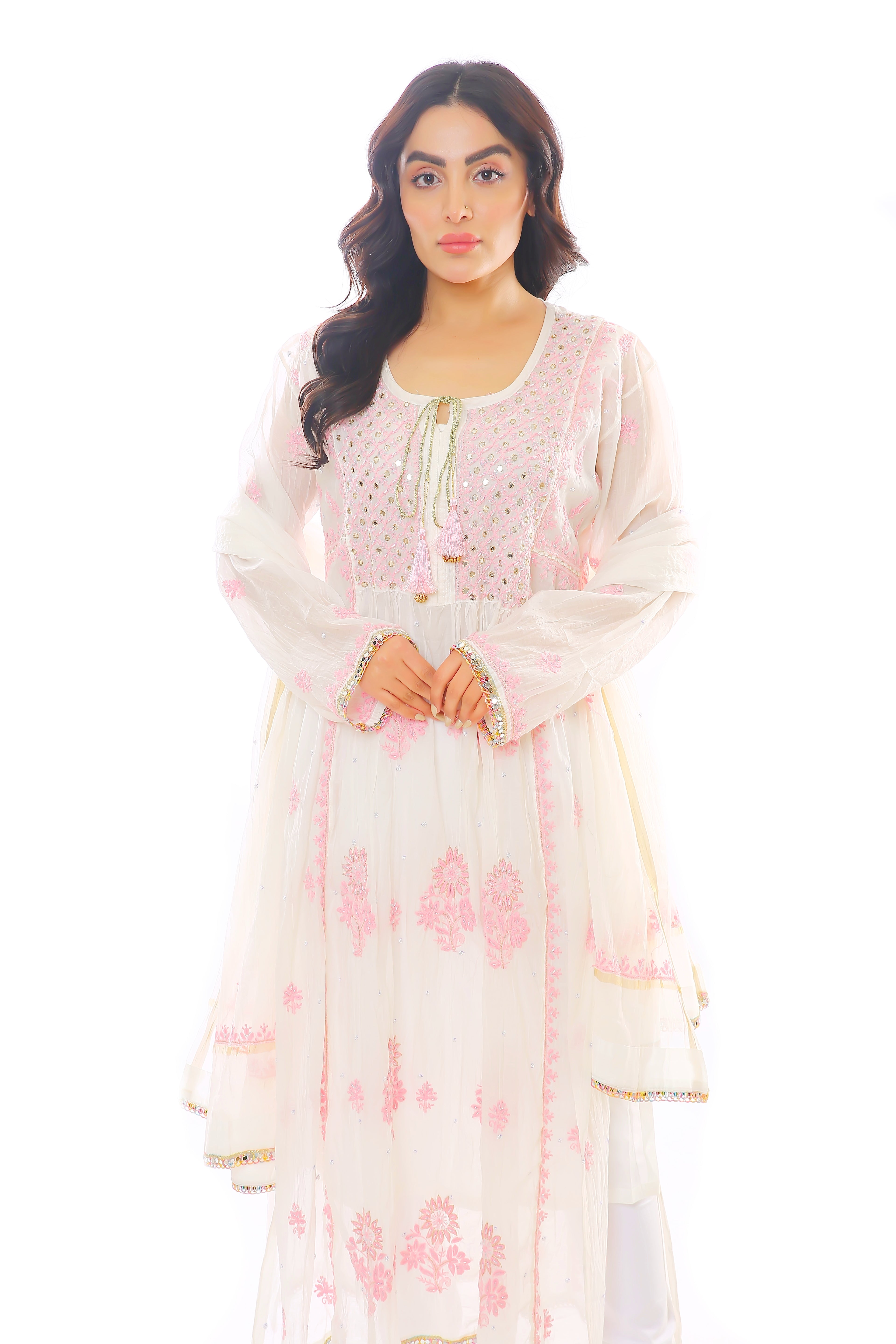 Ivory/Pink Mul Chanderi Kurta Pant Dupatta with Moti Cutdana Mirror
